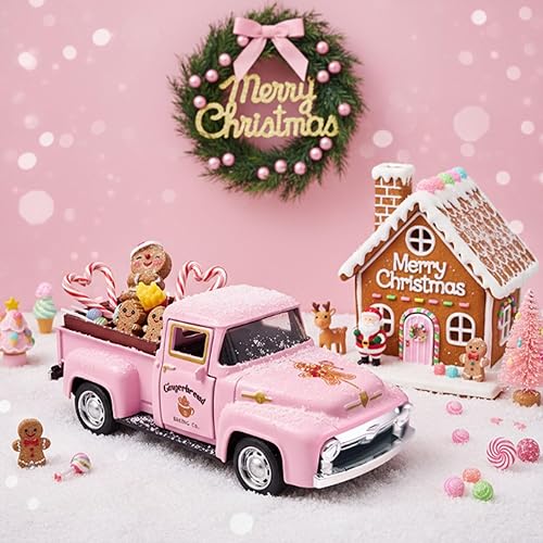 Decoración navideña de pan de jengibre rosa, camión de metal vintage de granja con mini caja de galletas de caramelo falso, pan de jengibre, pan de