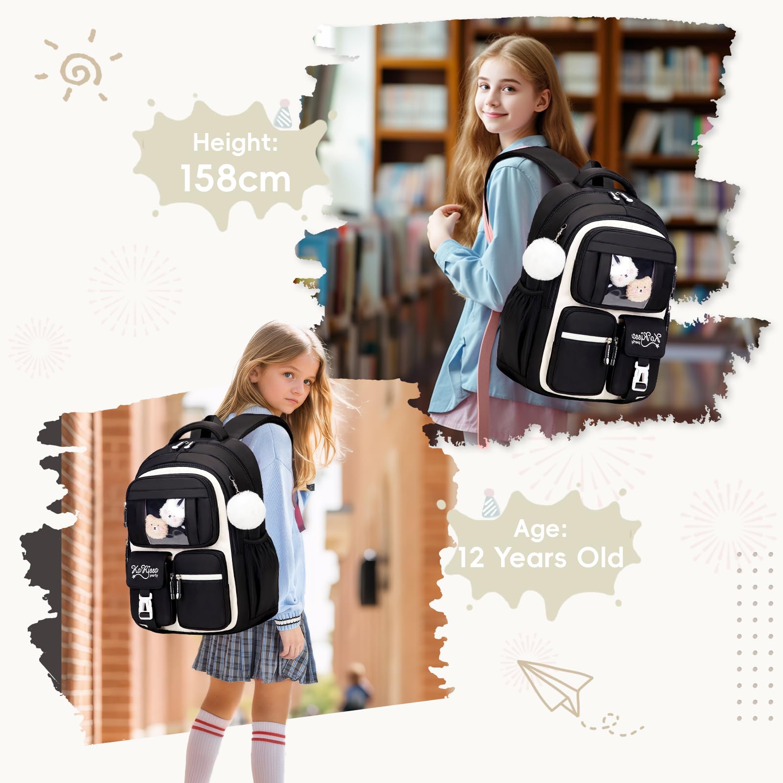 Amythe Schultasche Mädchen Rucksack Schule, Atmungsaktiv Schulrucksack 1.-5. Klasse, Schulranzen Kinder Grundschule Mittelschule Schwarz