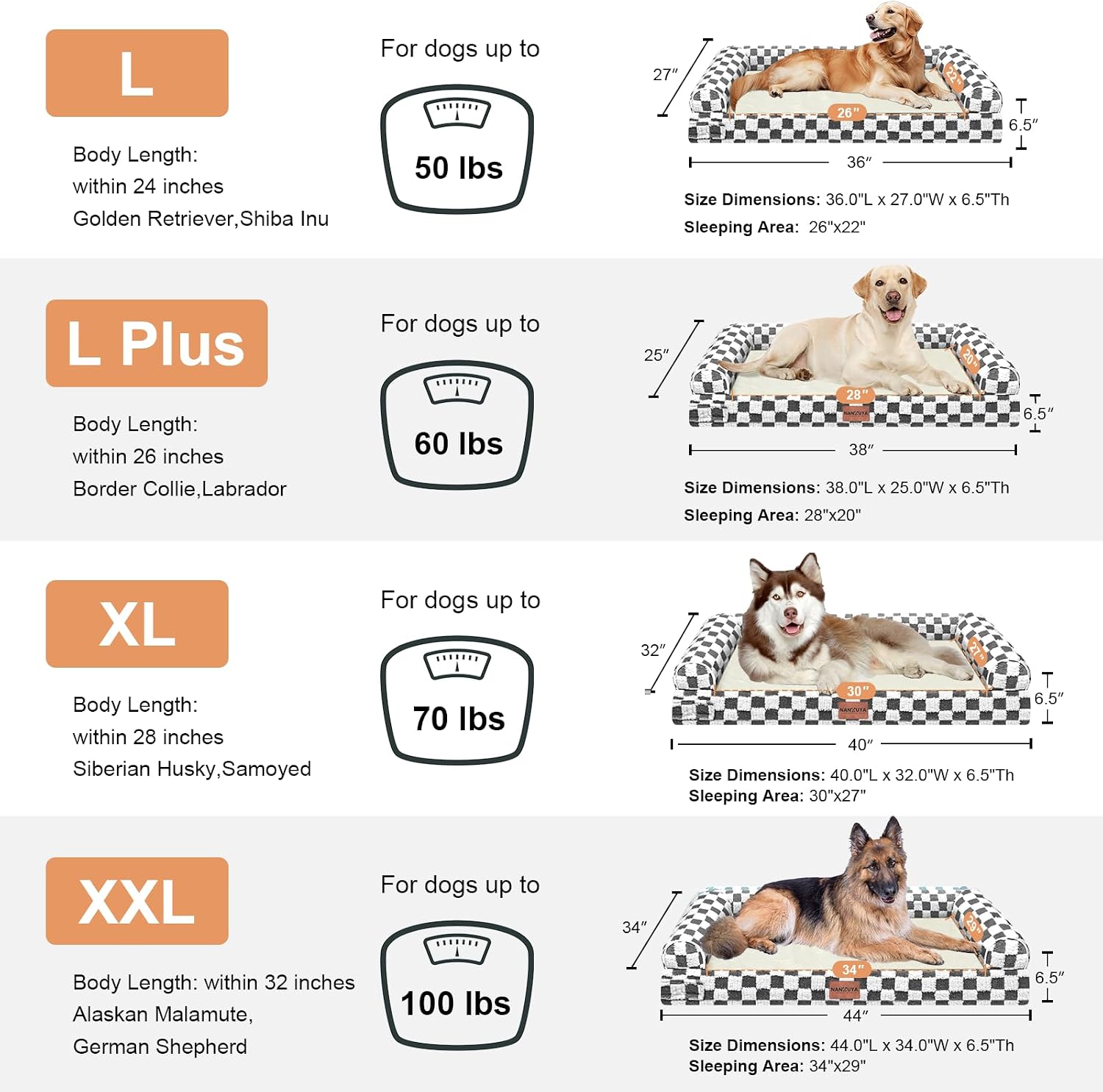 Large Dog Bed Orthopedic Washable: Beds Bolster XL Bed Large Big Dogs Egg Crate Foam Couch Sofa Waterproof with Removable Cover - Dark Grey Grid