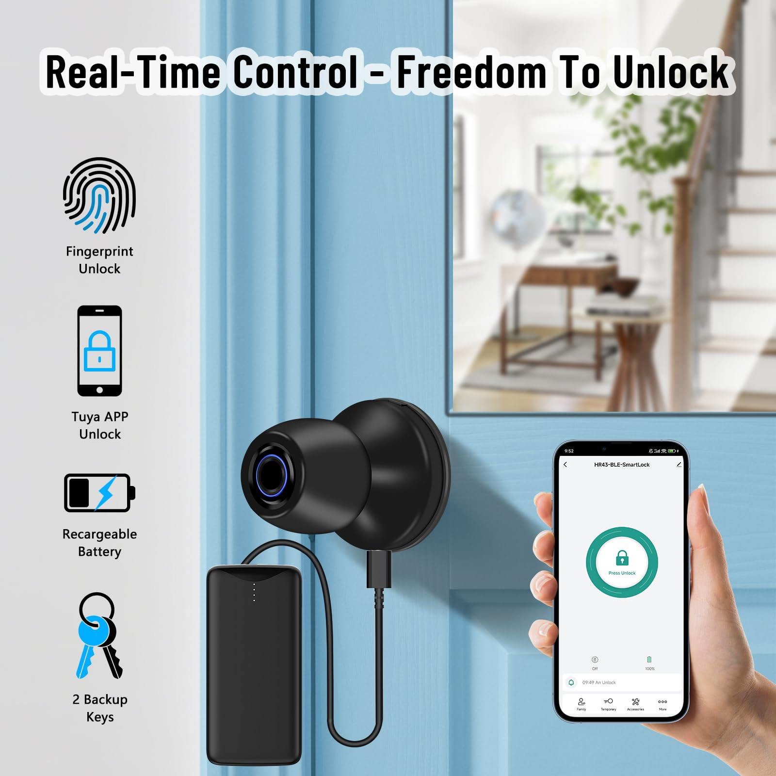Cerradura de puerta inteligente con huella digital, manija de puerta 3 en 1, con control de aplicación y llave tipo C, manija biométrica con cerradura, adecuada para dormitorios, garajes