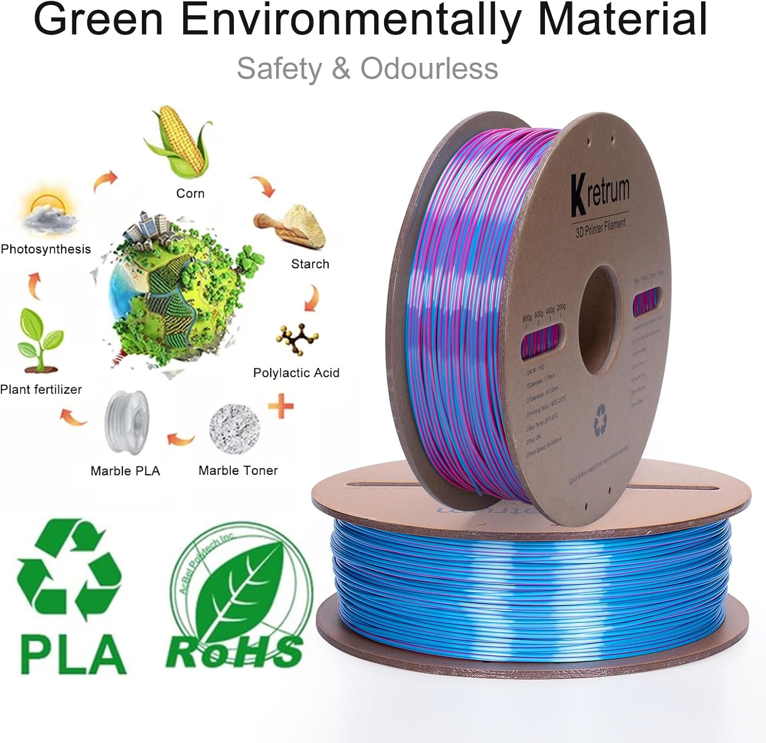 Kretrum Dual Color Silk PLA 3D Printer Filament 1.75mm Silk PLA Color Changing 3D Printing Filament 1kg / 2.2lbs Purple & Blue