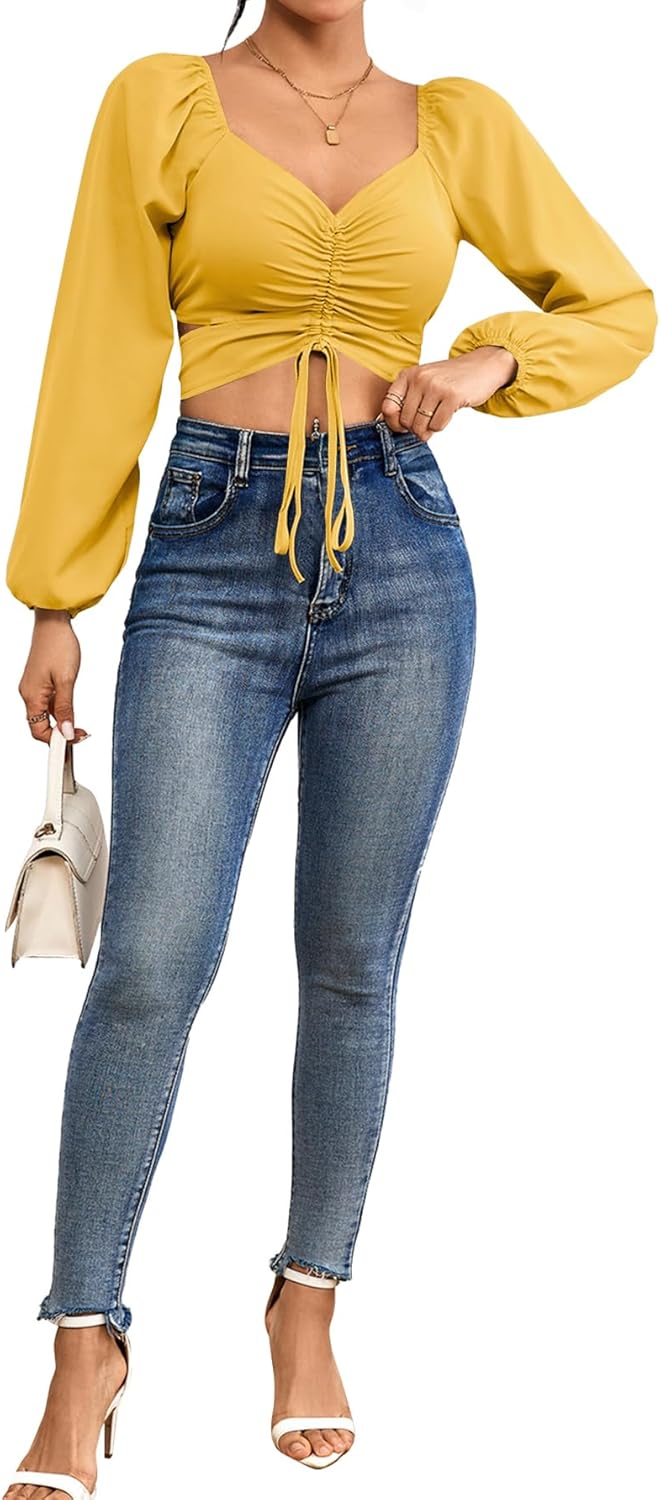 Rooscier Women's Drawstring V Neck Ruched Lantern Long Sleeve Tie Back Crop Top Blouse - Image 5