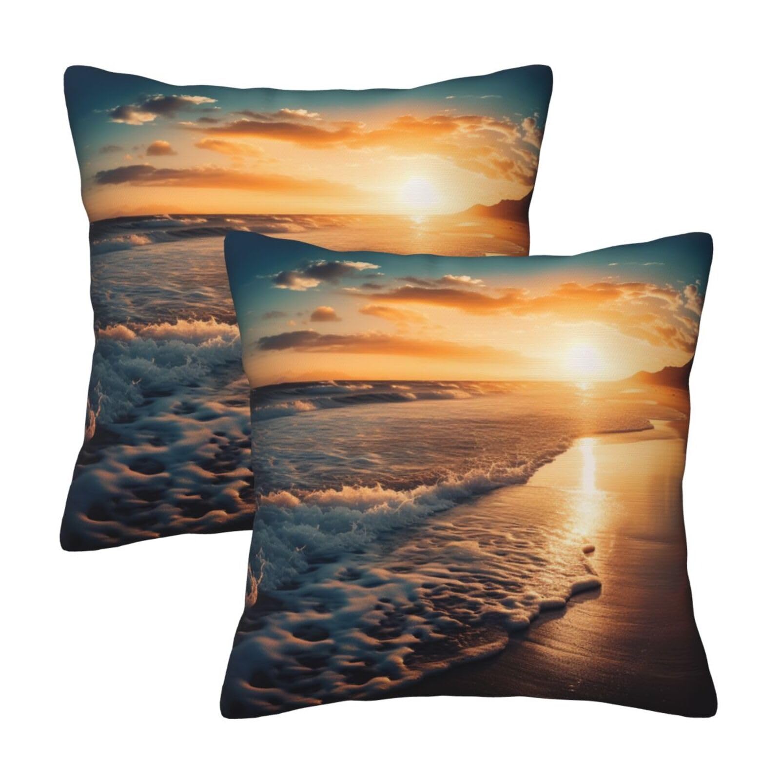 Sea Beach Sunset Throw Pillow Cases 2 Pack Square Pillowcases Soft Pillow Protectors for Couch Livingroom Sofa Bed Office Car,30x30 CM