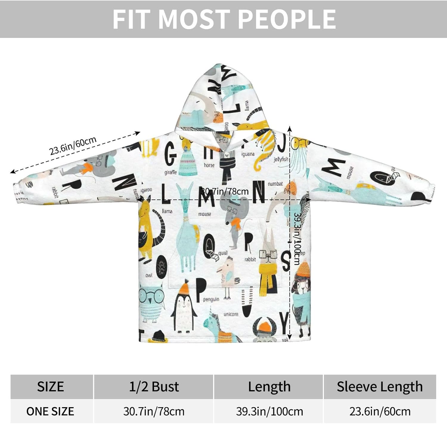 Cute Cartoon Animal Alphabetprint Oversized Hoodie Blanket, Super Soft Warm Comfortable Hoodie, Wearable Blanket Adult