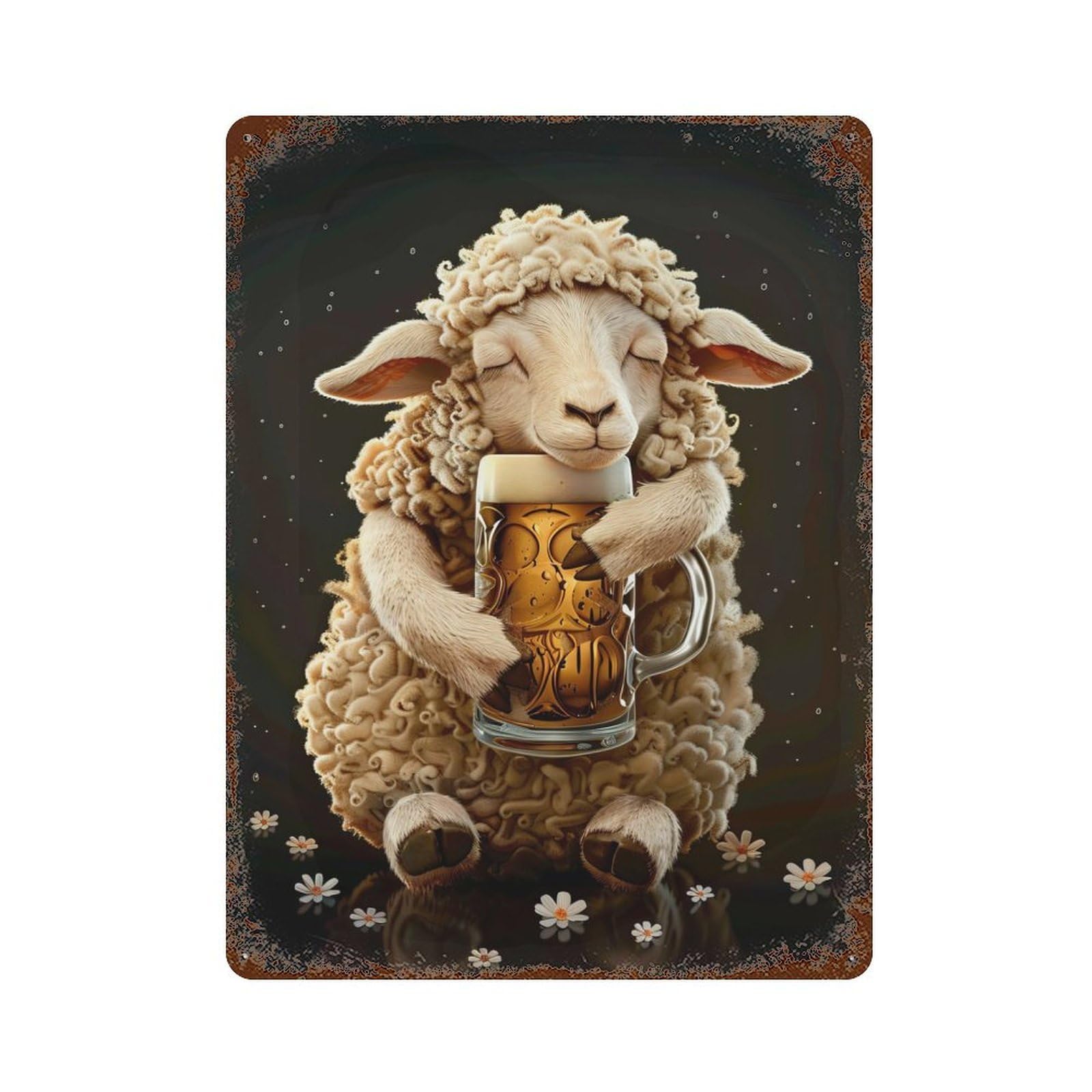 Garage Style Sheep Beer Rust Effect Tin Sign 15.7"x11.8", Industrial Home Decor for Bar And Workshop