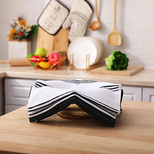 Miniatura 6 de Homaxy Toallas de cocina, 13 x 28 pulgadas, diseño de rayas modernas, tejido de punto gofre de algodón de alta calidad, súper suaves y absorbentes,