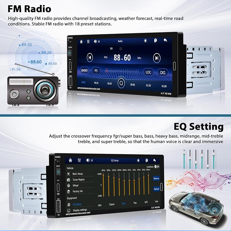 Inefala 1 DIN Autórádió 6.9" Érintőképernyővel - CarPlay és Android Auto Támogatás, Bluetooth 5.0, Tolatókamera, USB-C Gyorstöltés, FM