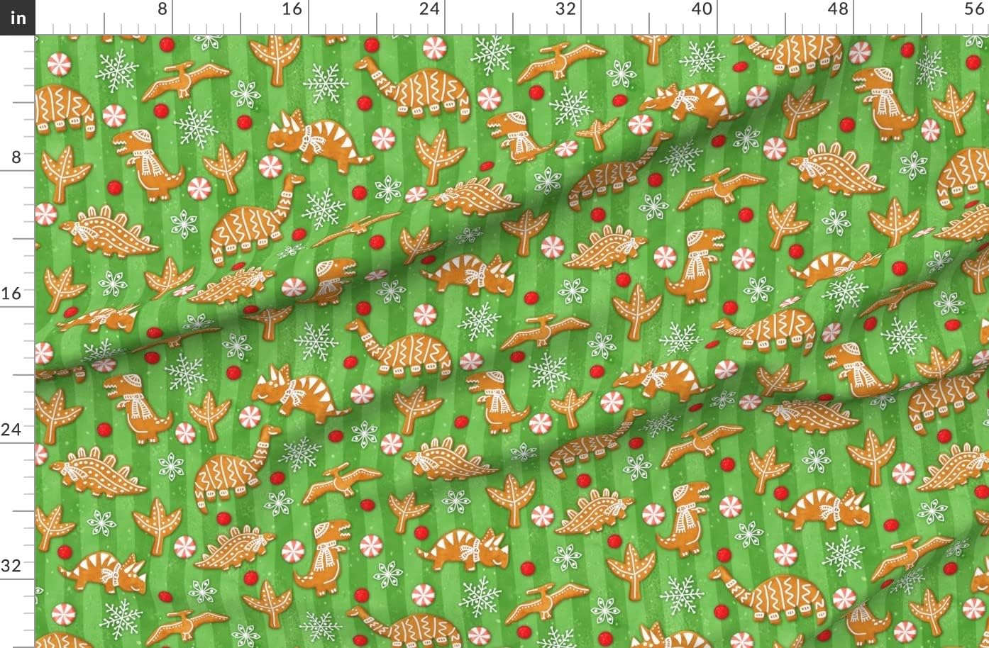Spoonflower Fabric - Gingerbread Dinos Snowflakes Christmas Candy Dinosaurs Cookie Printed on Organic Cotton Sateen Fabric by The Yard - Sewing Quilting Apparel Home Decor