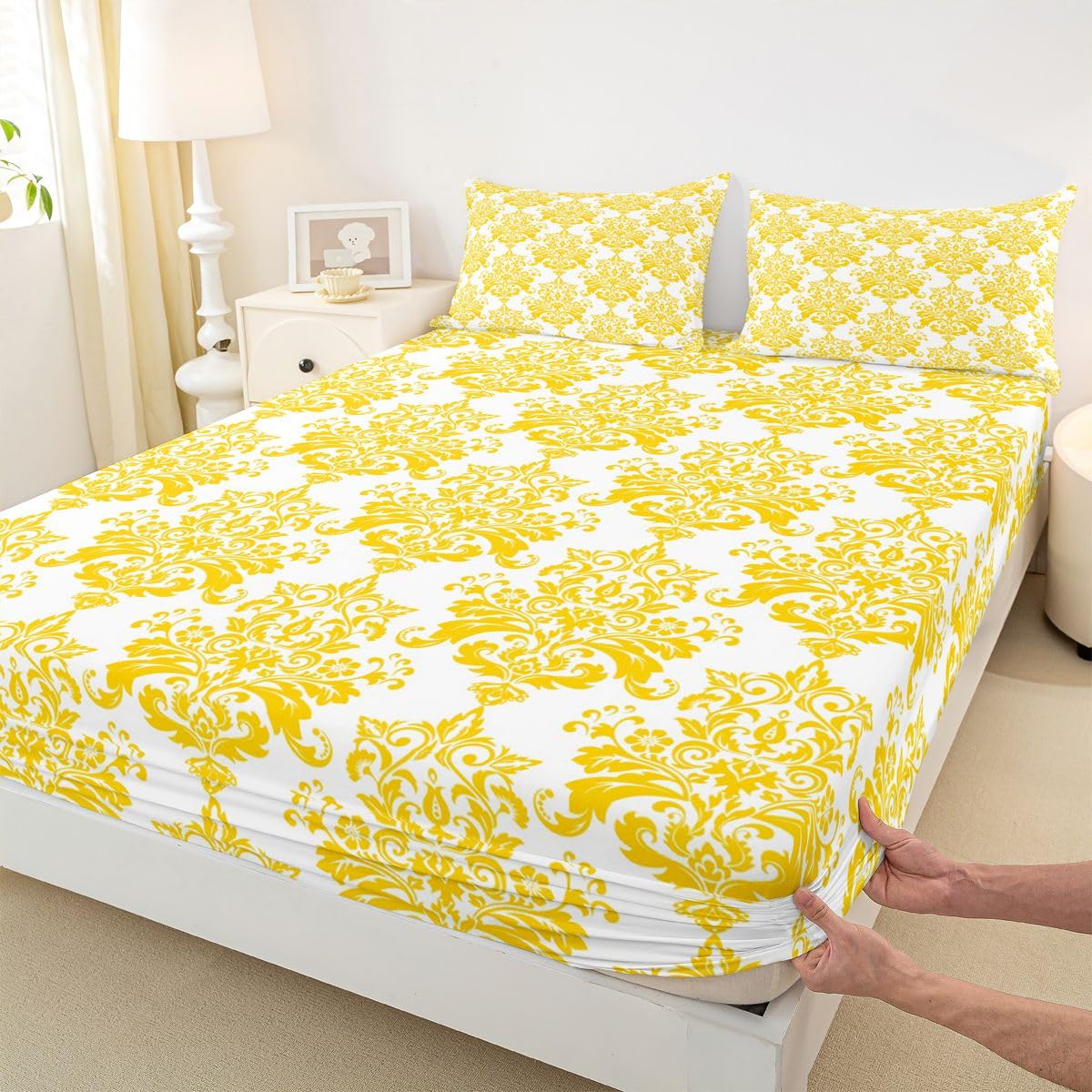 Manfei Juego de sábanas bajeras barrocas bohemias tamaño King, juego de ropa de cama gótico vintage de 3 piezas, sábanas de damasco con 2 fundas de almohada, decoración de habitación infantil y niña