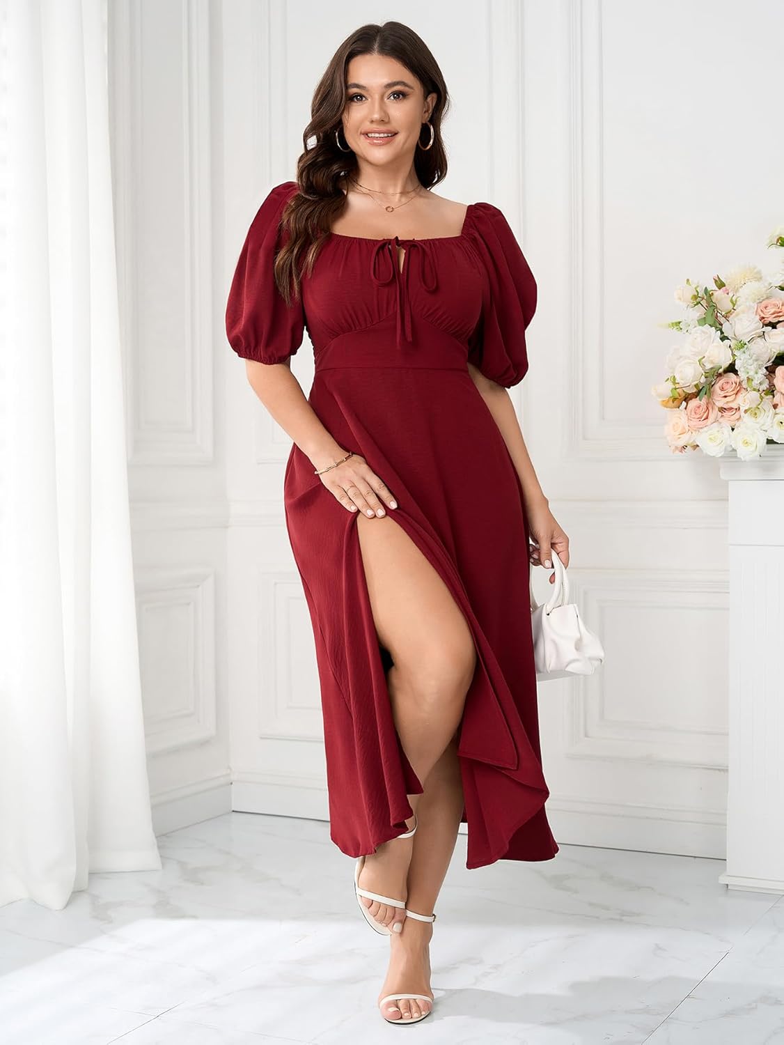 Women's Plus Size Summer Dress Short Sleeve Square Neck Milkmaid Dress Tie Front Split A-Line Maxi Long Dresses - Image 3