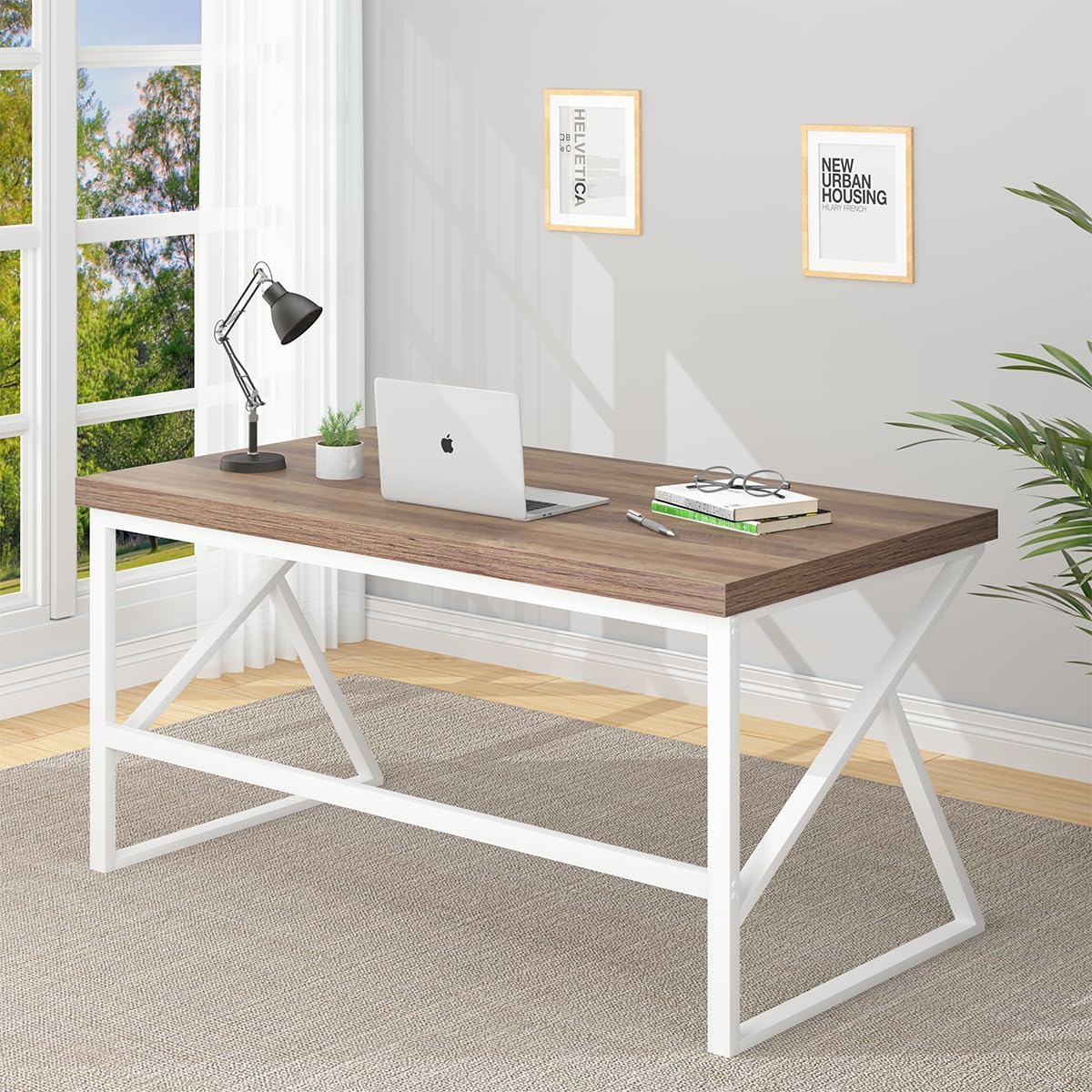 HSH Farmhouse Computer Desk, Large Home Office PC Desk, Modern Simple Metal Wood Desk Workstation for Executive Writing Study, Rustic Long Bedroom Living Room Table, White and Rustic Oak, 60 Inch