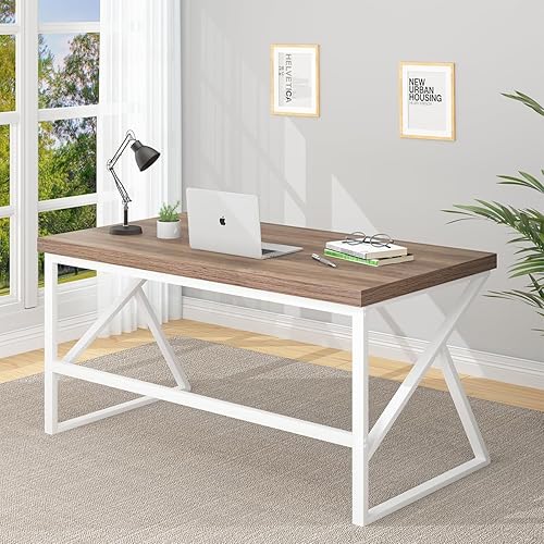 Miniatura 43 de HSH Escritorio gris para computadora, escritorio industrial de madera y metal para oficina en casa, escritorio rústico para computadora portátil