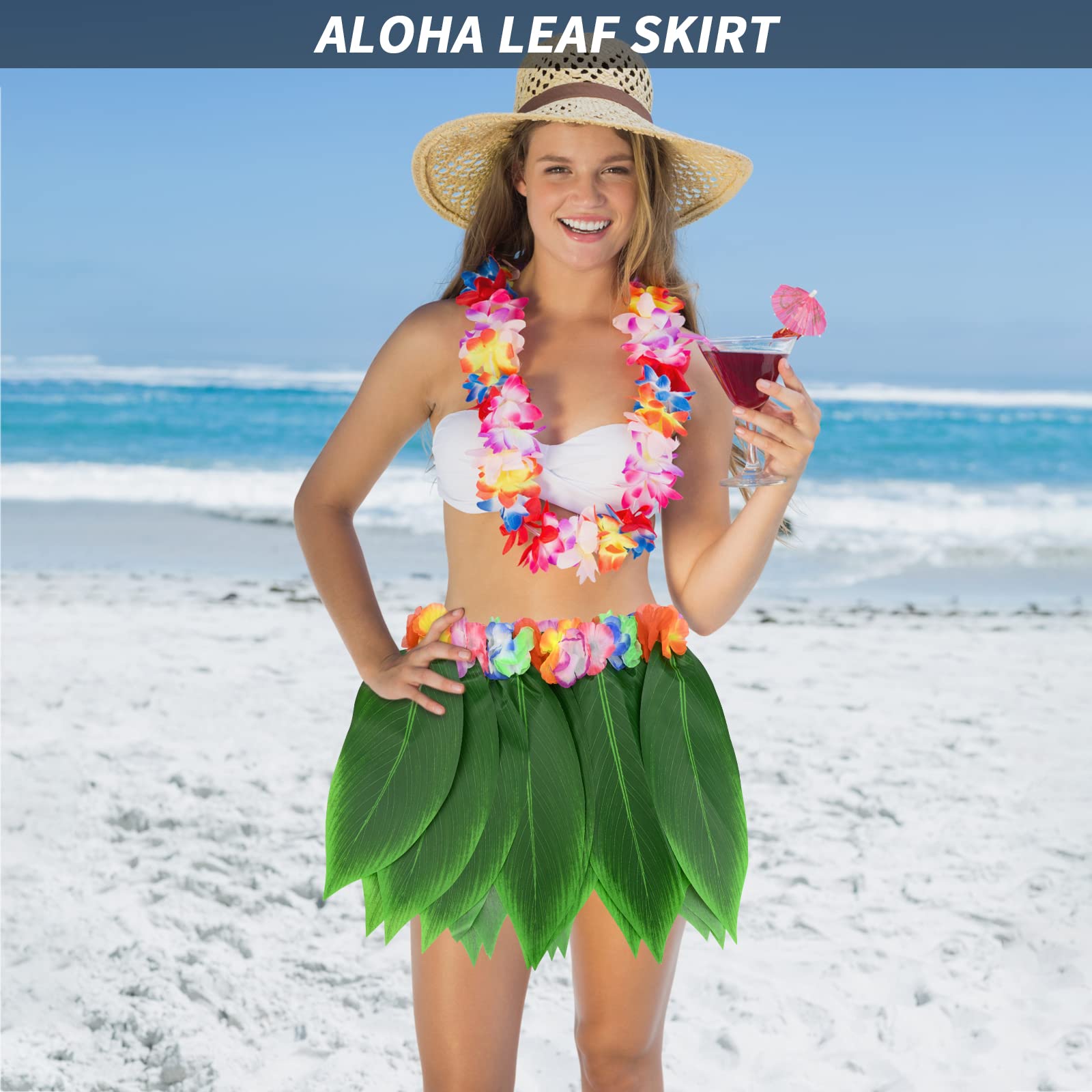 2 Pièces Déguisement Hawaïen Hula Jupe Feuilles Fleur Jupe Hibiscus Fleurs Feuille Herbe Jupe pour Adultes Femmes Hommes Élastique Hawaï Jupe pour Costume Summer Beach Hawaiian Luau Tiki Party