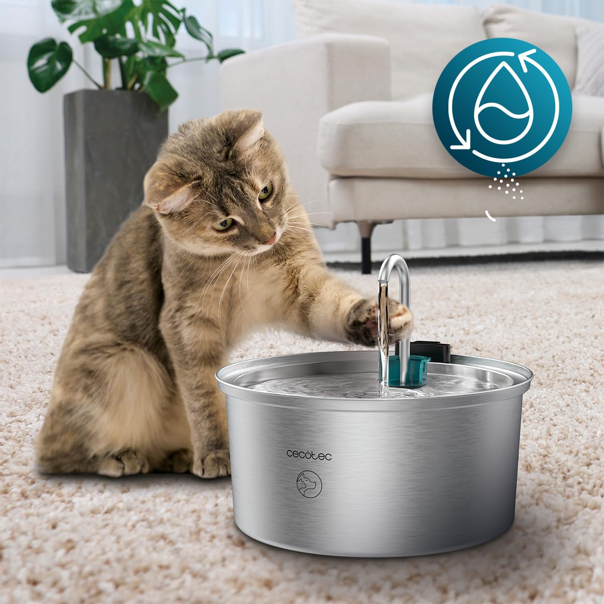 Cecotec Fuente para Gatos Automática Mascotas Pumba 3200 Refresh INOX. Capacidad de 3,2L, Acero Inoxidable, Filtro Alto Rendimiento, Silenciosa, Diseño de Cascada, IPX4, Fácil Limpieza