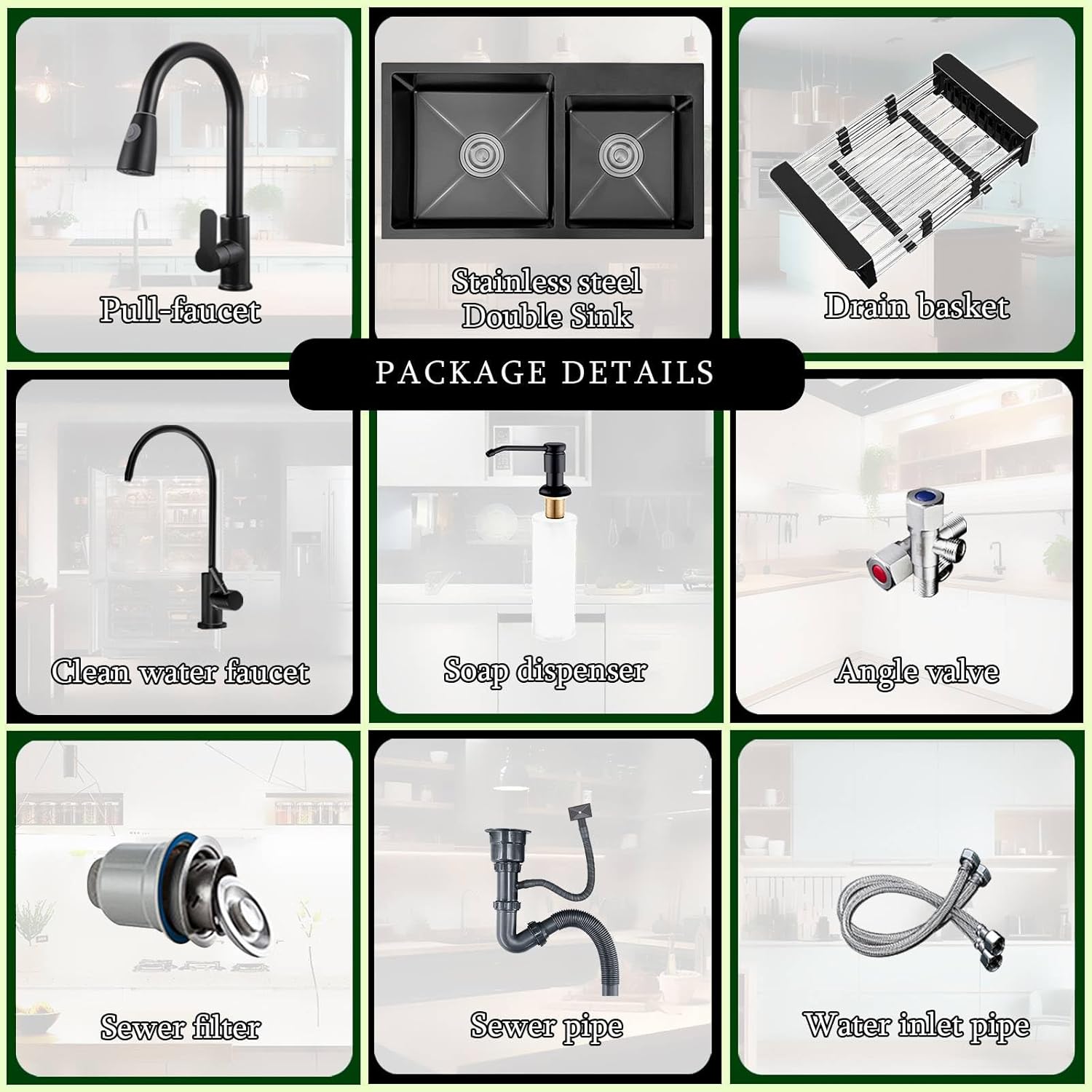 Kitchen Sink 26＂ Stainless Steel Undermount Double Bowl Workstation Deep in kitchen sink with Pull down faucet and Sink Accessories (Black, 26.7x14.9IN)
