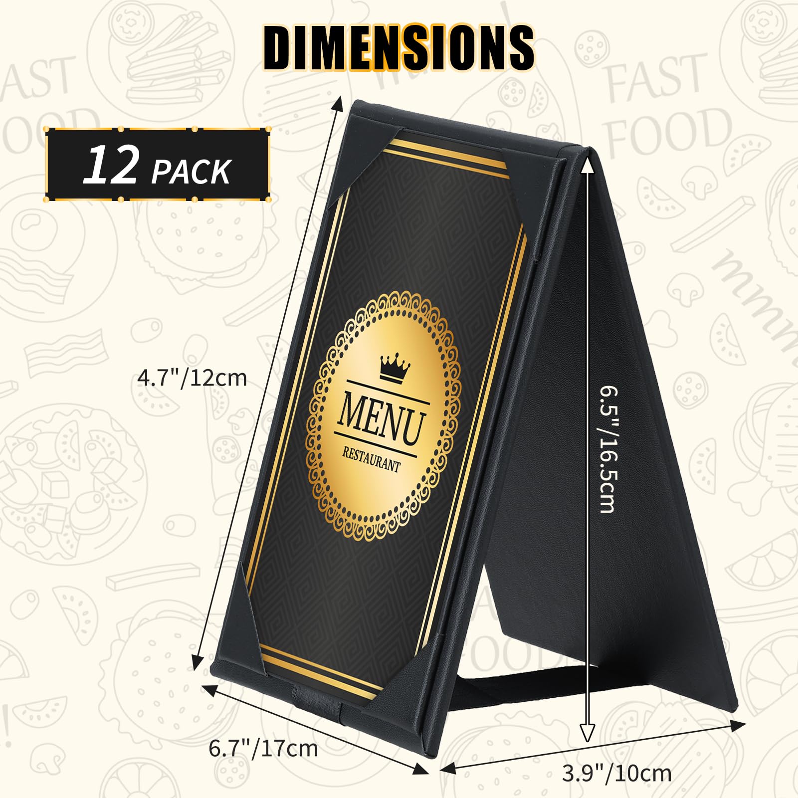 Paquete de 12 soportes de menú de doble cara de 4 x 6 pulgadas, tiendas de campaña de cuero sintético con marco en A para restaurante, bar, cafetería, boda, diseño duradero y plegable (paquete