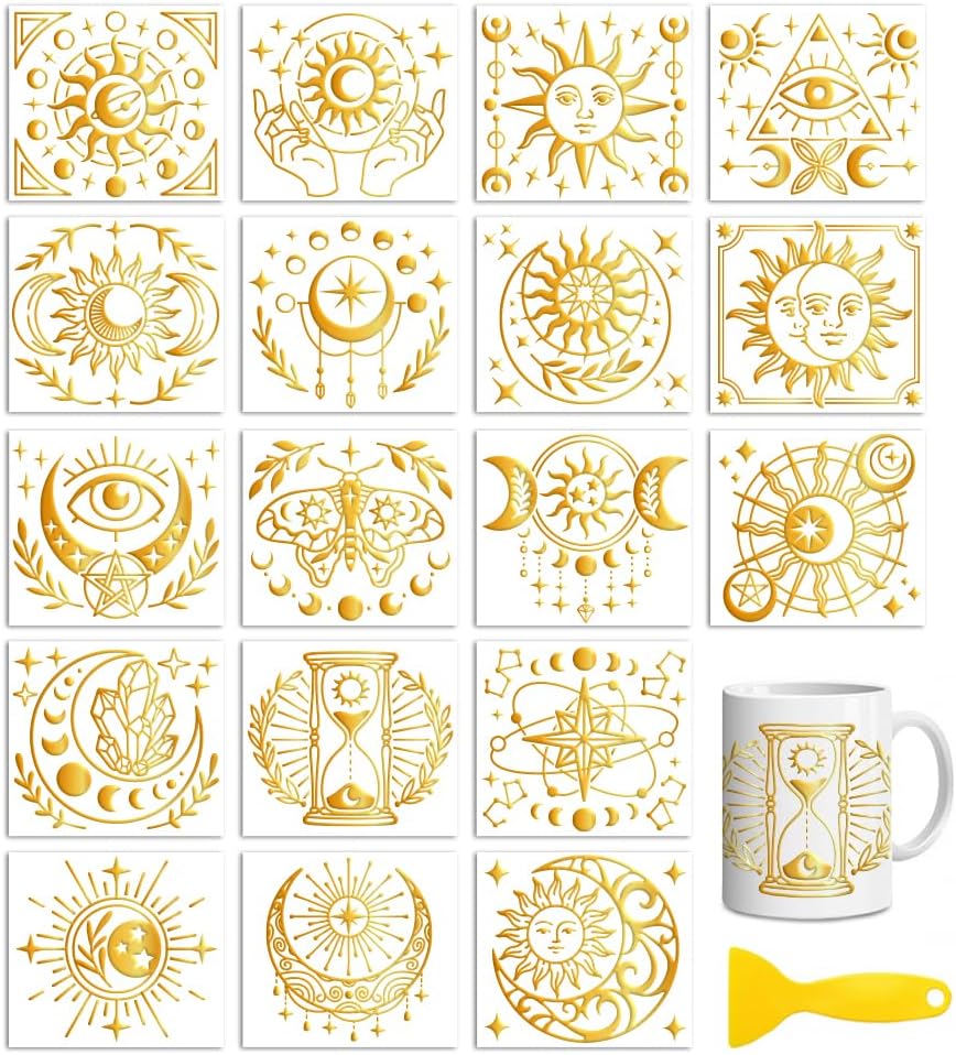 Peacoblue 18 Sheets Rub on Transfers for Crafts, Golden Sun and Moon 3.6"x3.9" UV DTF Cup Wraps Waterproof Rub on Cold Transfers Stickers for Wood Glass Metal Cup Tumblers Mirrors Mugs Home Decor