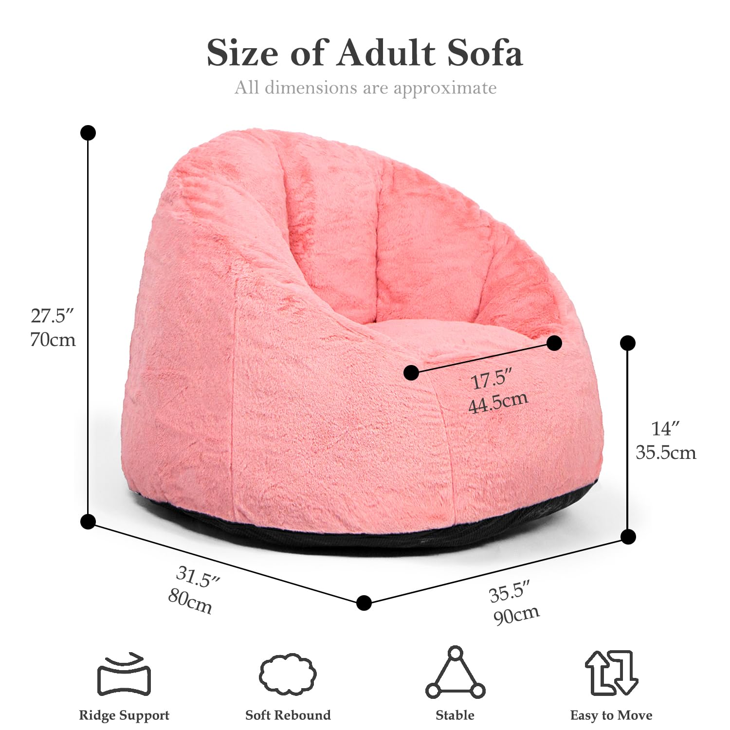 N&V Medium Shell Bean Bag Chair, Adult Size Bean Bag Sack, Foam Filling, Includes Removable and Machine Washable Cover, 37in, Soft Faux Fur, Pink