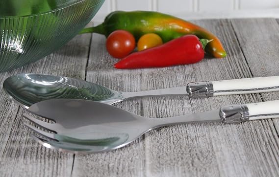 French Home Laguiole Connoisseur (Faux Ivory) Salad Servers 2 Piece Set Stainless Steel Flatware Set Salad Serving Utensils Silverware Set Spoon and Fork Set Dining Utensils Set