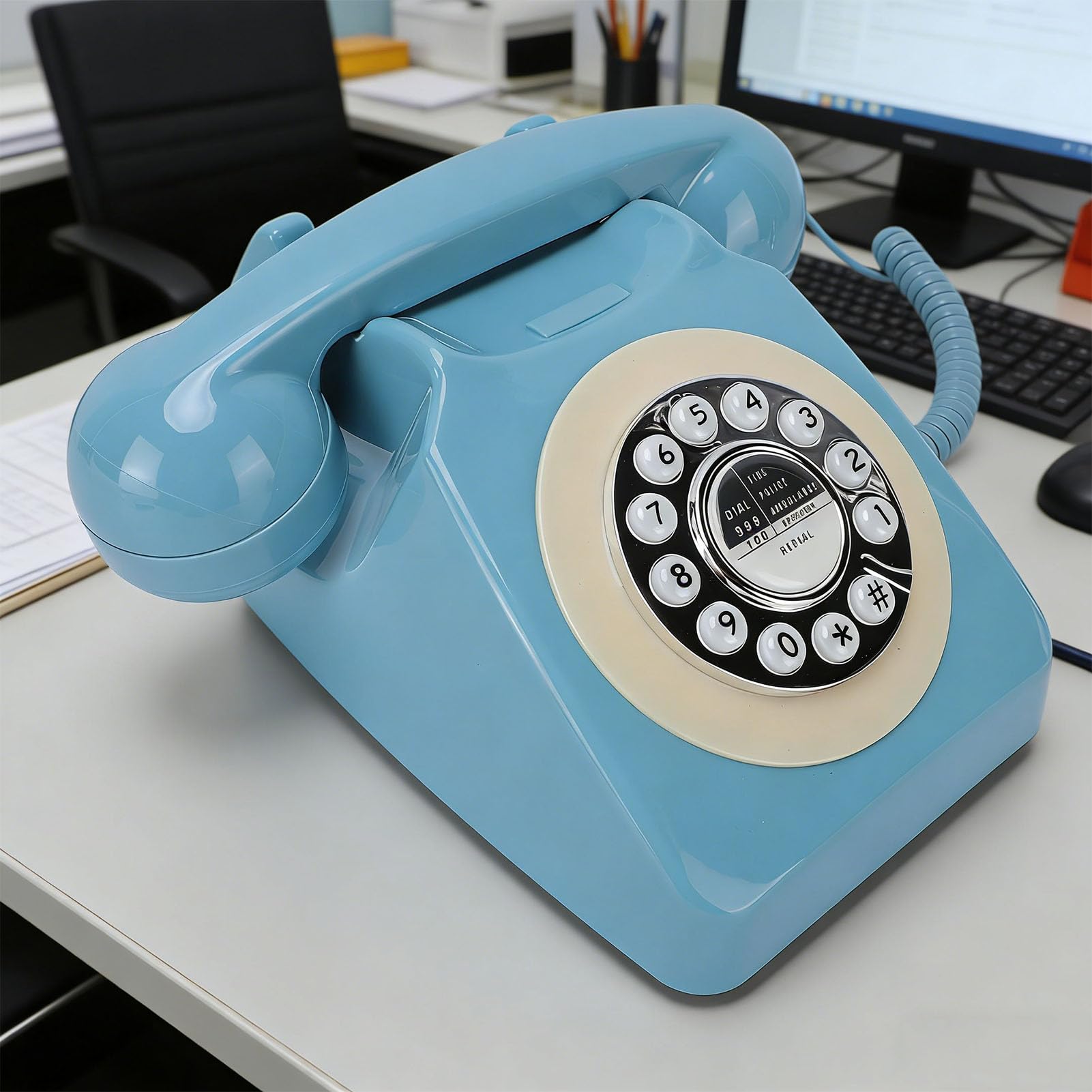 PUSOKEI Telefon Stacjonarny w Stylu Retro z funkcją Ponownego Wybierania Numeru, Przełącznikiem Głośności Dzwonka, Dużymi Przyciskami, Klasycznym Przewodowy Telefonem Biurkowym do Domowego (BLUE)
