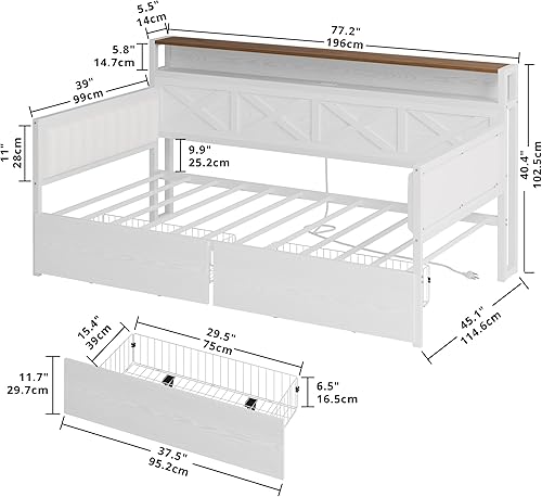 Miniatura 2 de IRONCK Sofá cama de tamaño individual con cajones de almacenamiento, marco de cama de metal resistente con cabecera en forma de X y estación de
