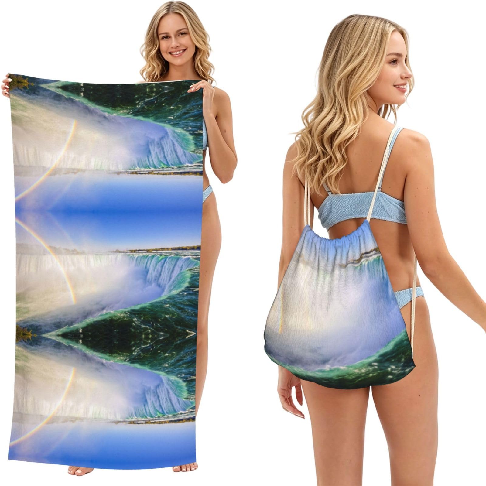 SATUSA Waterfall And Rainbow Print 2-In-1 Foldable Beach Towel Backpack â€“ Camping, Yoga And Travel,Bath Towel With Built-In Storage, Convertible Beach Mat & Carry Bag