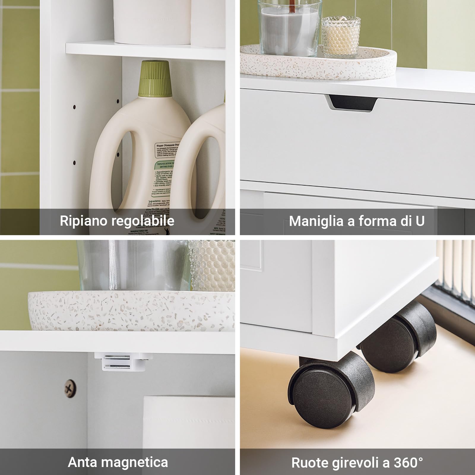 SoBuy Mobiletto Bagno Salvaspazio con Ruote 52x68x17 cm Bagno | Armadietto da Bagno con Ante Scorrevoli E Ribaltabile, Comò per Piccoli Spazi e Niche, Bianco, BZR31-W