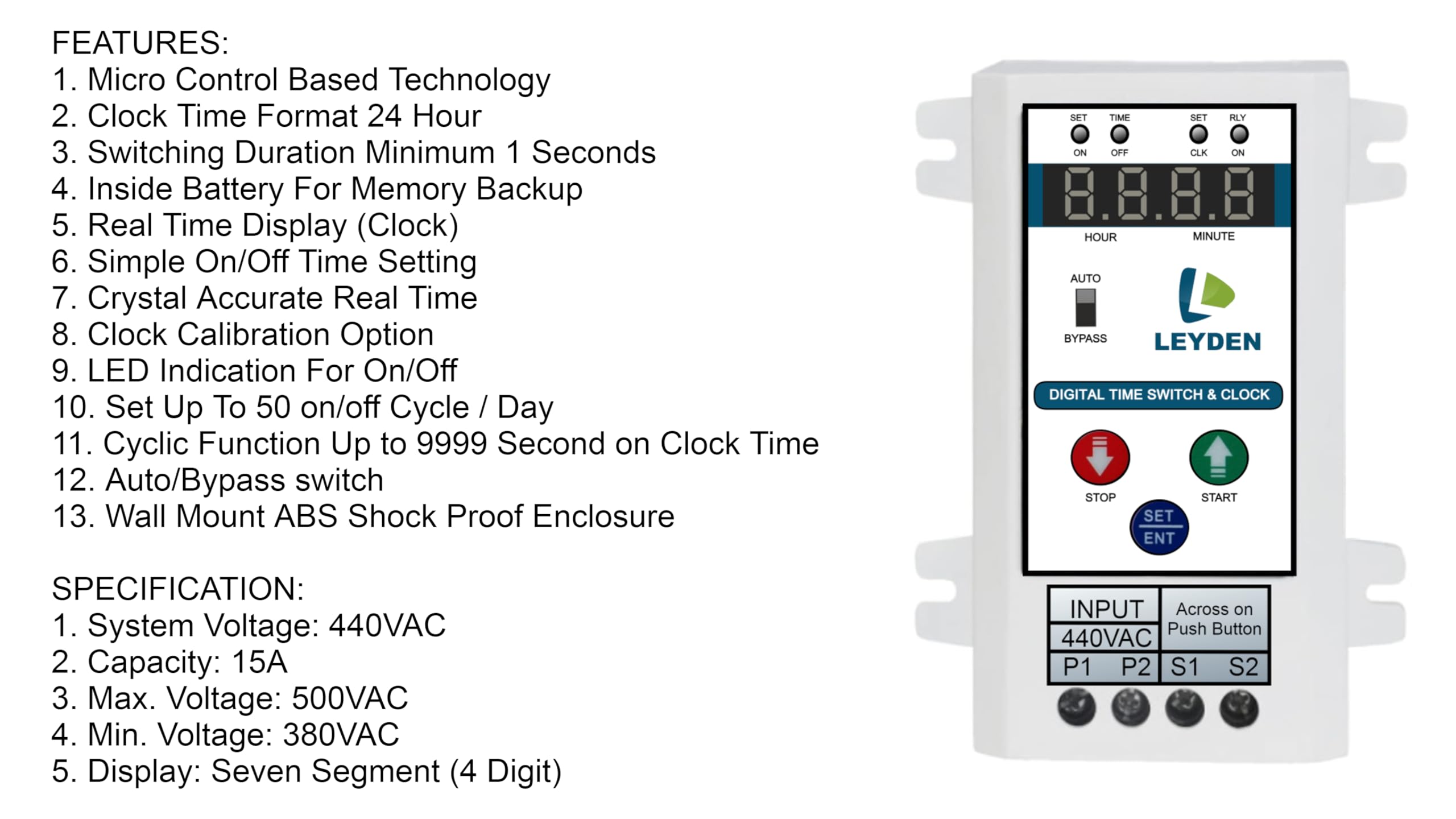LEYDEN® TM-CLKDS, 440V, Digital Timer Switch for 3 Phase Motor DOL Starter, 50 ON/Off Programs Per Day 24 Hour Timer Switch — Amazon image 2