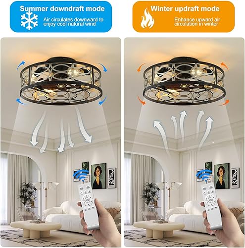 Miniatura 7 de Ventilador de techo enjaulado de 20 pulgadas con luz y control remoto, sin aspas, reversible de 6 velocidades con 4 bombillas y control remoto.