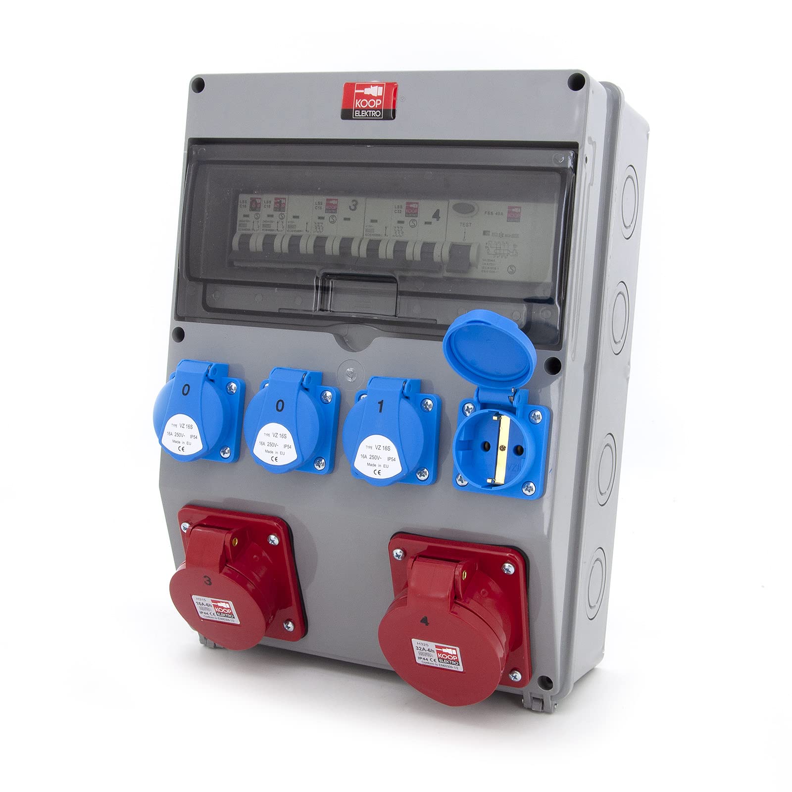 Wandverteiler mit FI-Schalter und Schuko 4x230V + 2xLS-Schalter, 1xCEE 16A, 1xCEE 32A, Steckdosen, Abgesichert, Verdrahtet, Anschlußfertig für Werkstatt, Garage, Fabrik, Feuchtraum.