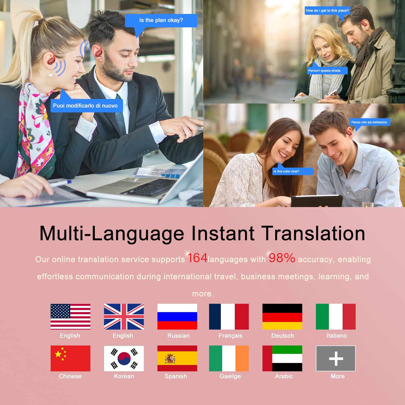 STECEi AI Auriculares Traductor en Tiempo Real(2026), 164 Idiomas y 6 Modos de Traducción, Bluetooth 5.4 con ENC y App con para Viajes/Negocios, Rojo