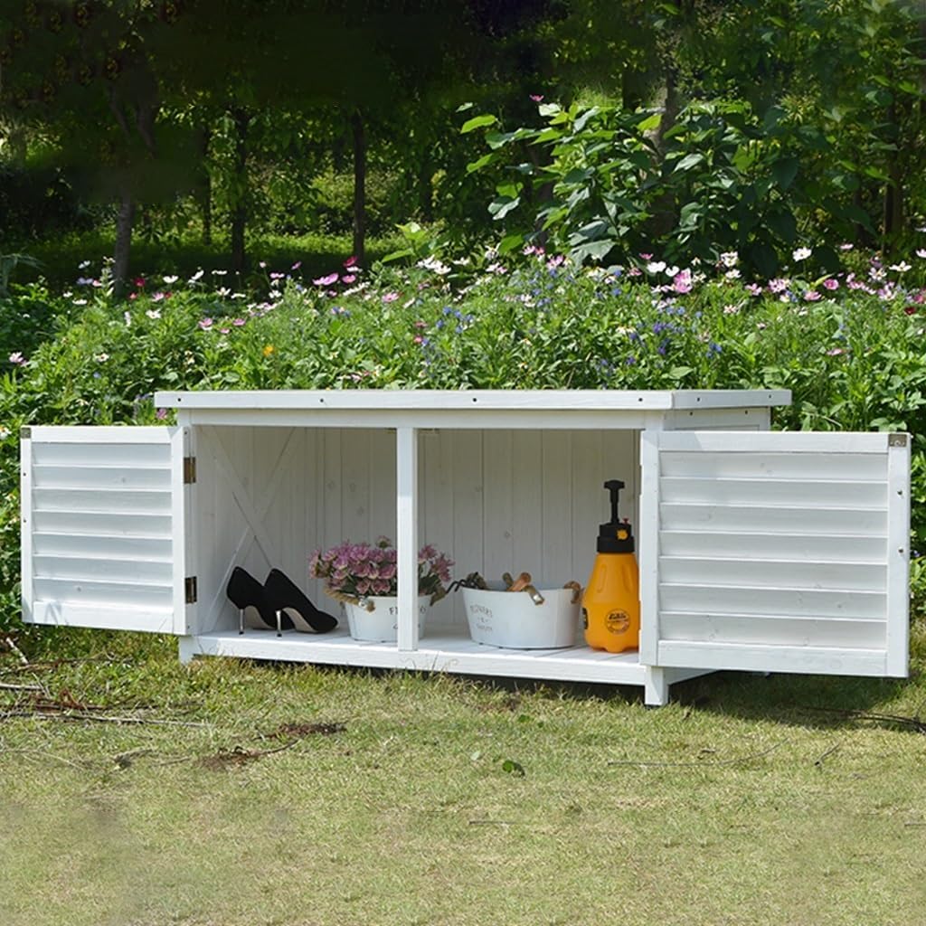 Outdoor Storage Cabinet with Double Doors Weatherproof Wooden Garden Utility Shed for Patio Yard Balcony Waterproof Solid Wood Construction Tool Storage Box(White)