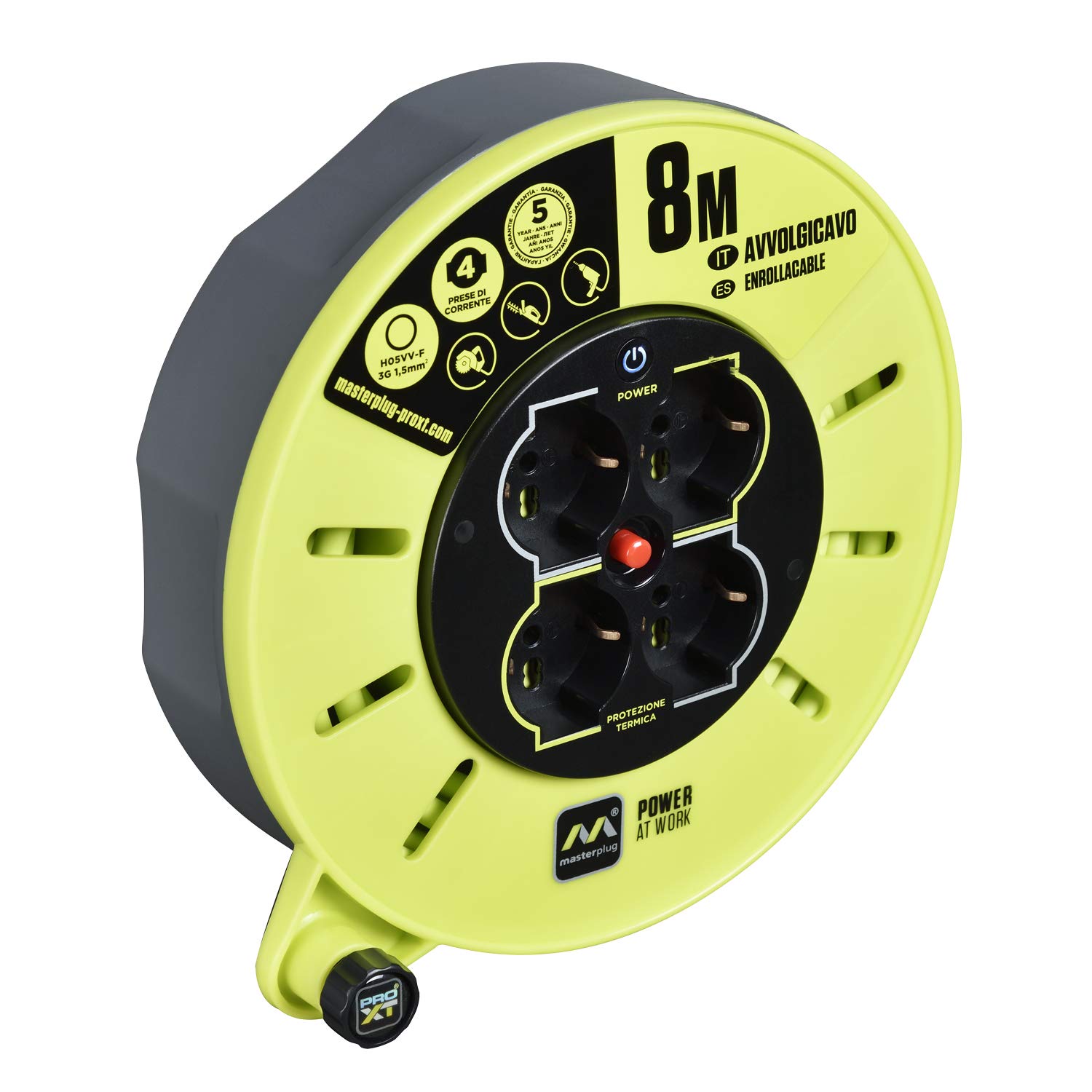 Masterplug Pro-XT Avvolgicavo 8 metri, 4 Prese Universali prolivalent: Bipasso, EU, Schuko, Prolunga Elettrica 16A, Indicatore LED, Cavo Alta Visibilità