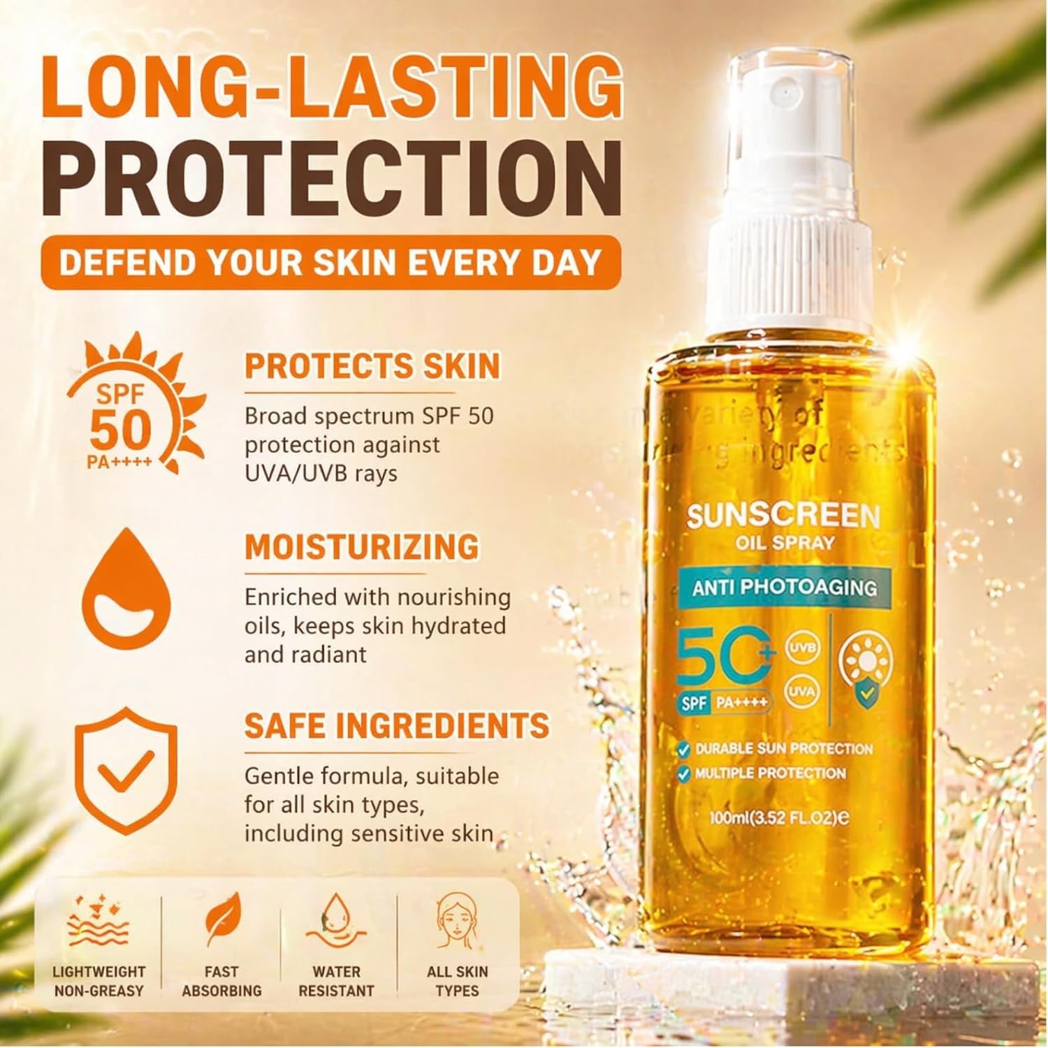 Spray solare SPF 50 — Nebulizzazione fine (3Pezzo) | Formato tascabile. Ideale per spiaggia, attività all'aperto e nuoto. Riapplicare ogni 2