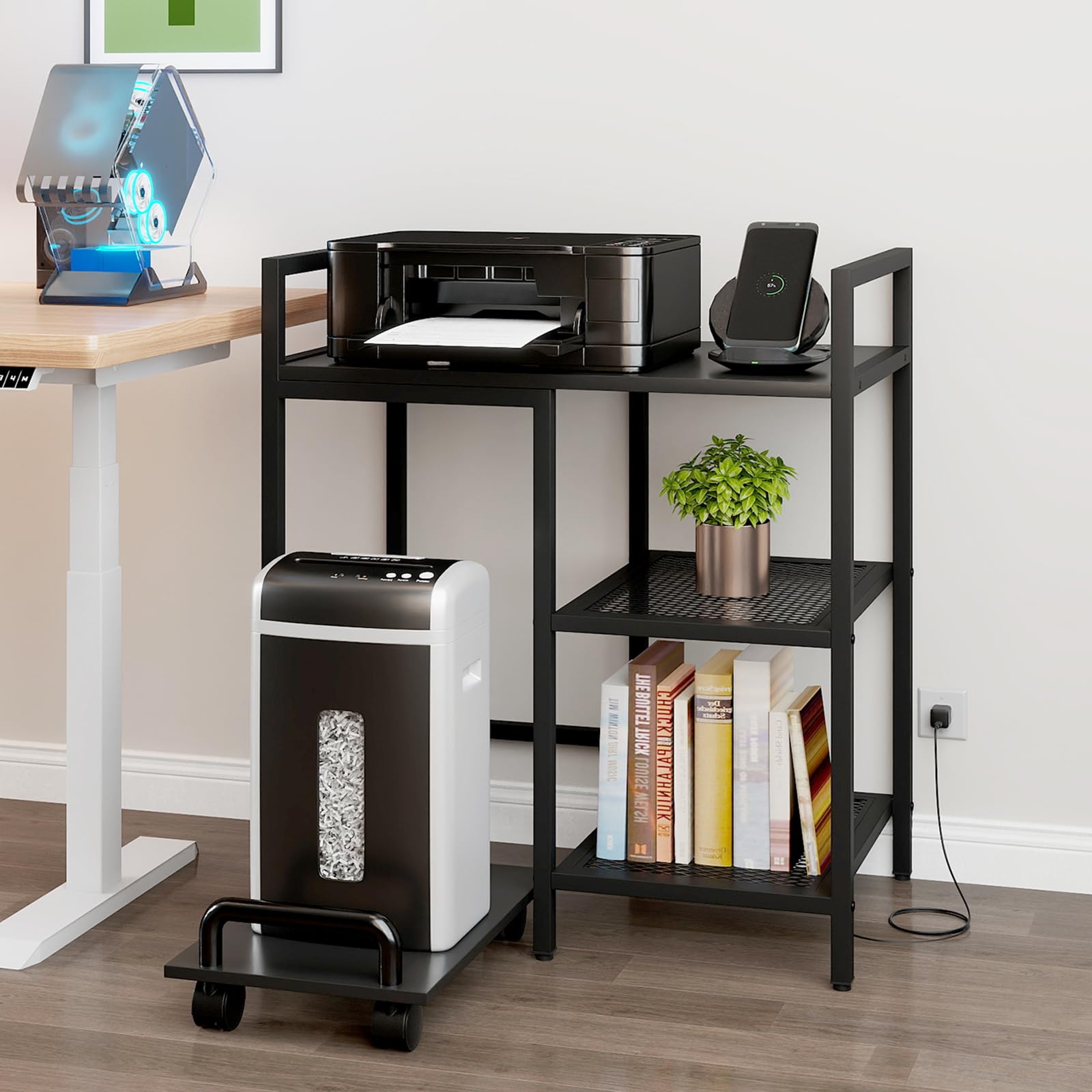 GIANTEX Mesa para Impresora con Enchufes, Mesa Auxiliar 3 Niveles con Estante Móvil con Ruedas, 63,5 x 40 x 72 cm, Soporte para Impresora para Oficina, Dormitorio, Salón (Negro)