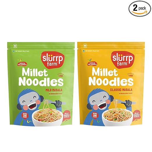 Slurrp Farm No Maida Hakka Noodles, Not Fried, No MSG, Classic Millet and Mild Millet Noodles Combo, Pack of 2, 192g Each