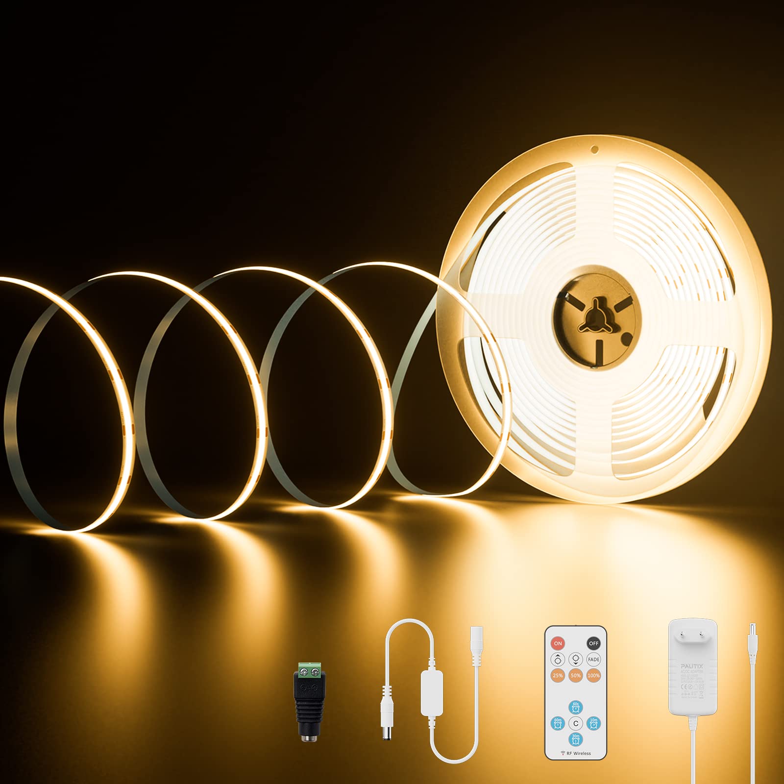 PAUTIX Taśm LED COB Zestaw ciepły biały 2700K 10m,480LED/M 24V możliwością przyciemniania z pilotem RF i zasilaczem, elastyczne jasne oświetlenie podszafkowe CRI90, dekoracje DIY, funkcja timera