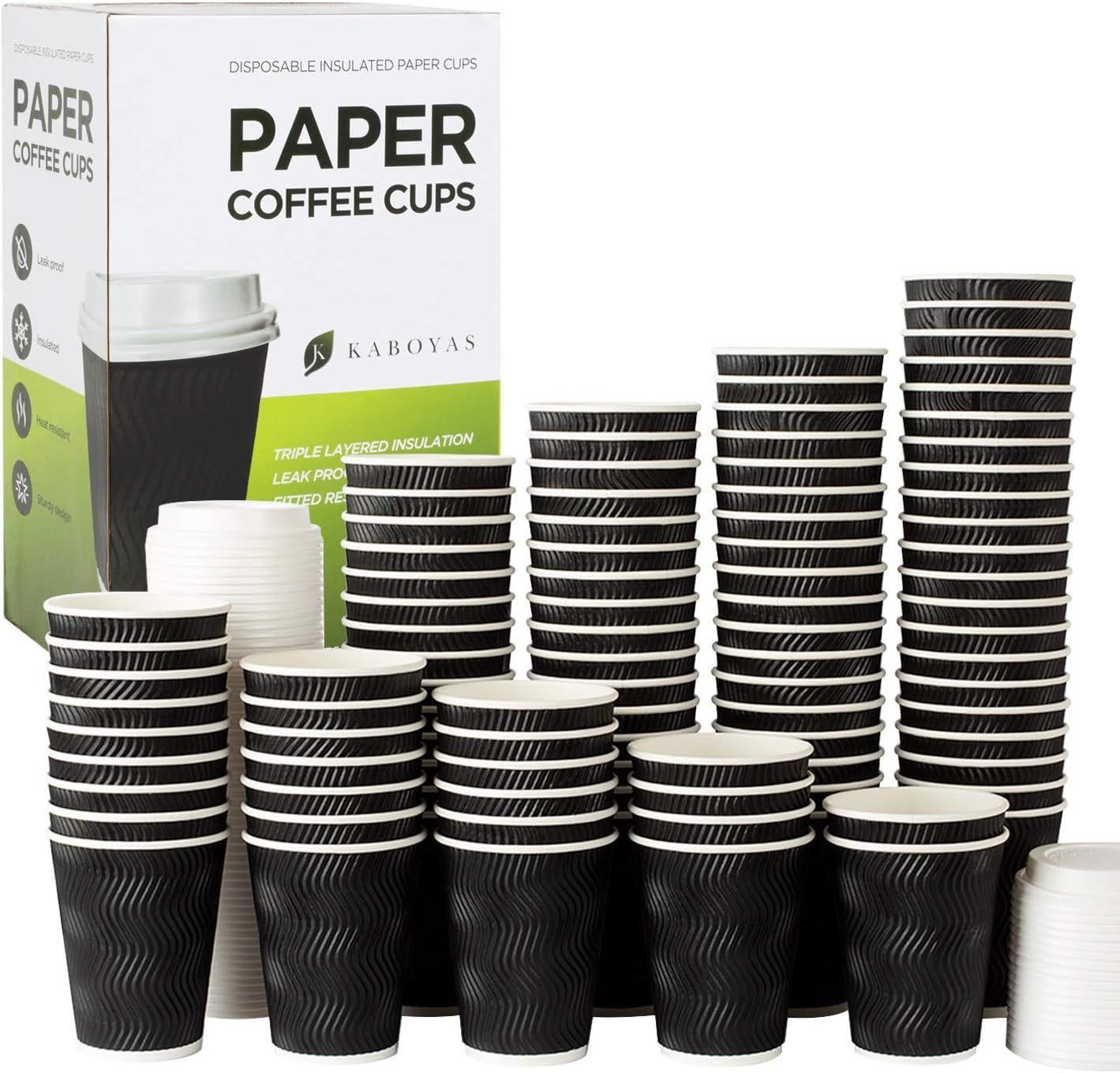 KABOYAS 12 oz [100 Set] Togo Disposable Black Paper Coffee Cups with Lids | Hot Beverages | Expresso | Tea | Coffee | Latte | Hot Chocolate | Cocoa