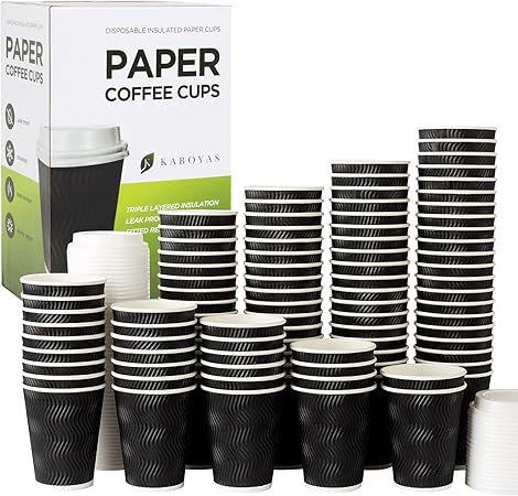 KABOYAS 12 oz [100 Set] Togo Disposable Black Paper Coffee Cups with Lids