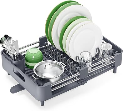 KINGRACK Dish Drainer Rack - Extendable Dish Rack, Stainless Steel Dish Drainer for Kitchen Counter, Draining Board Rack with Removable Cutlery Holder, Gray
