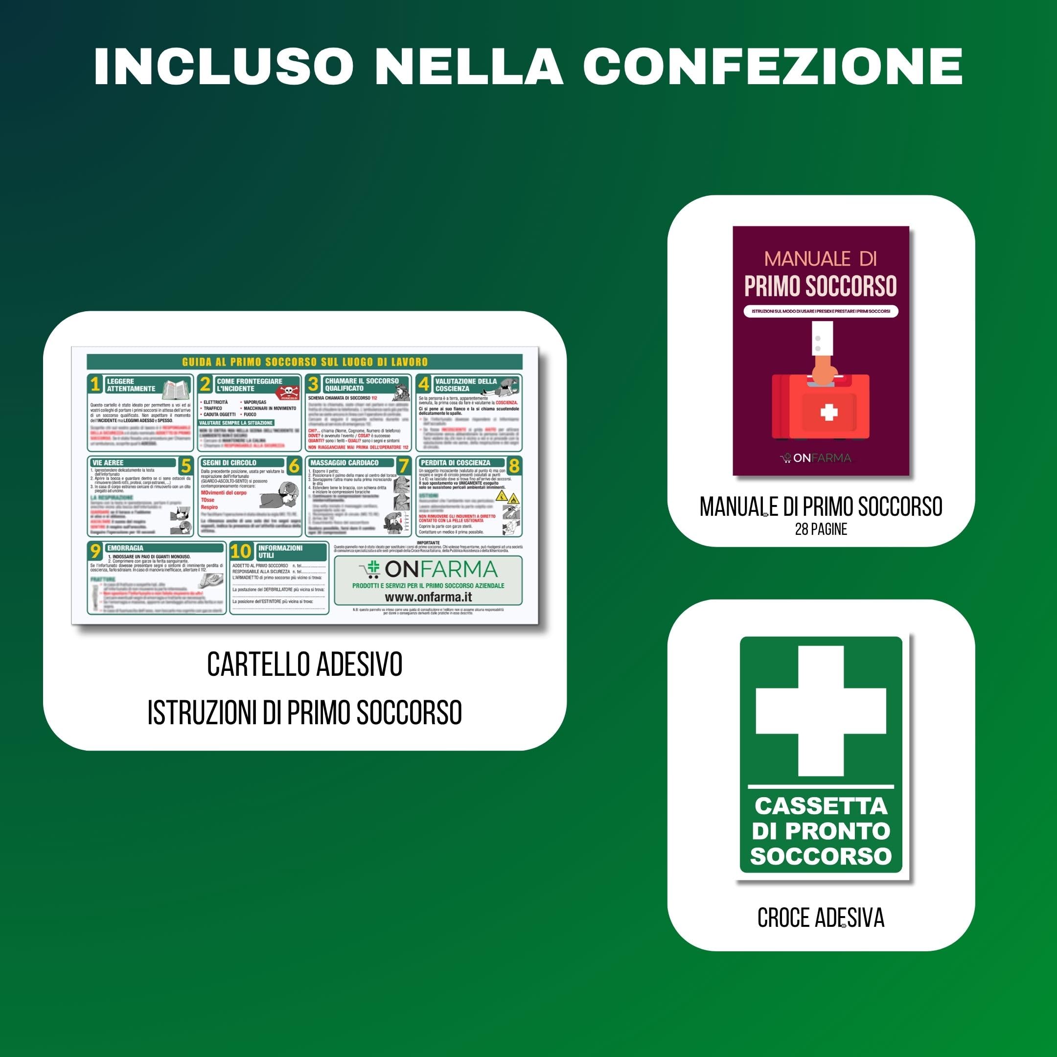 ONFARMA KIT DI REINTEGRO COMPLETO DI CARTELLO PRIMO SOCCORSO ricambio per cassetta medica pacco di medicazione SENZA MISURATORE DI PRESSIONE per aziende con 3 o più lavoratori D.M. 388 all.1