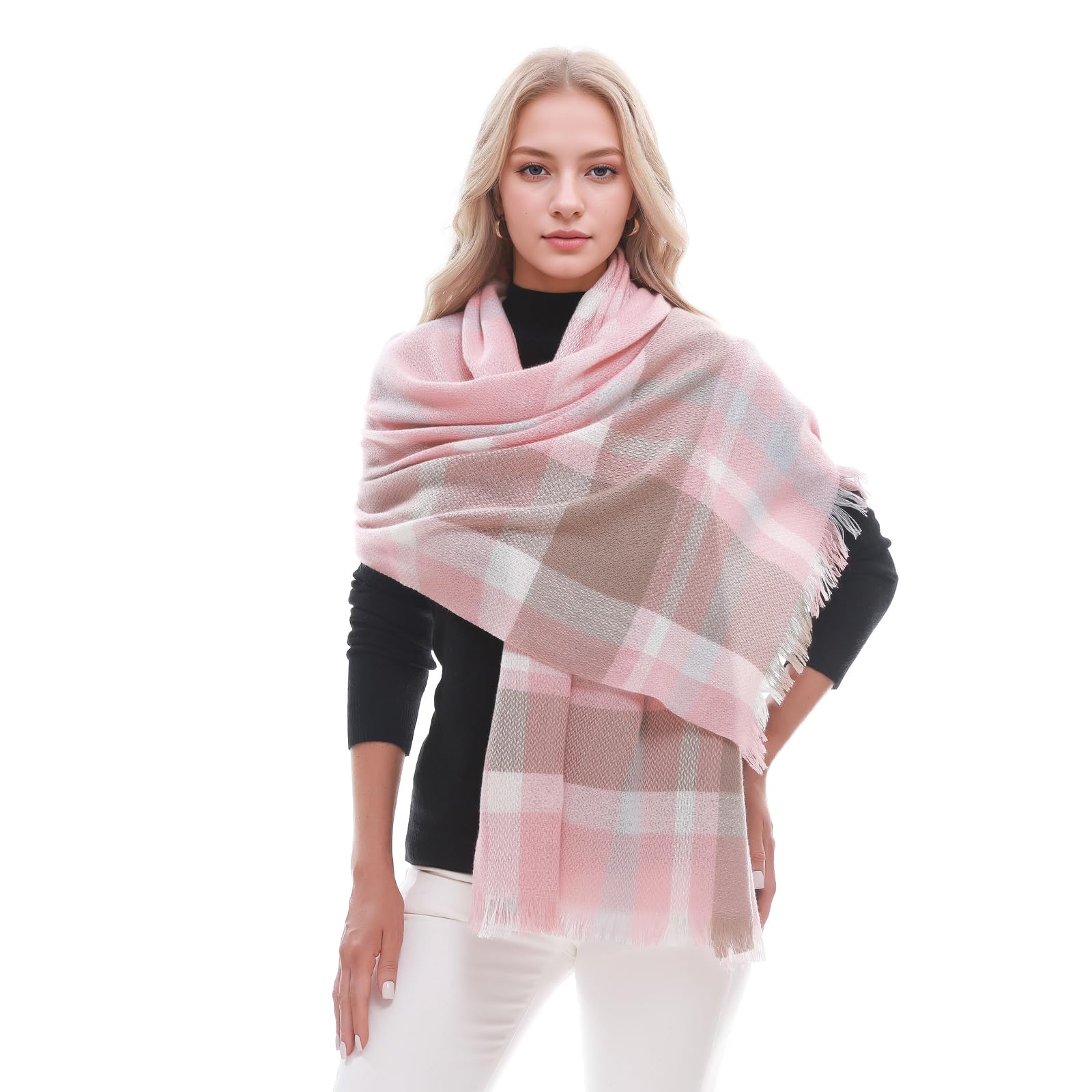 Bufanda a cuadros para mujer, bufandas de invierno cálidas de gran tamaño, bufandas de tartán, Rosa/Caqui/Azul 7