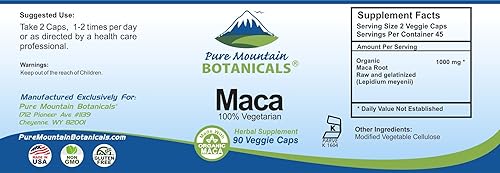 Miniatura 8 de Pure Mountain Botanicals Cápsulas de raíz de maca cápsulas veganas kosher ahora con 1000 mg de macca cruda orgánica y suplemento de raíz de maca