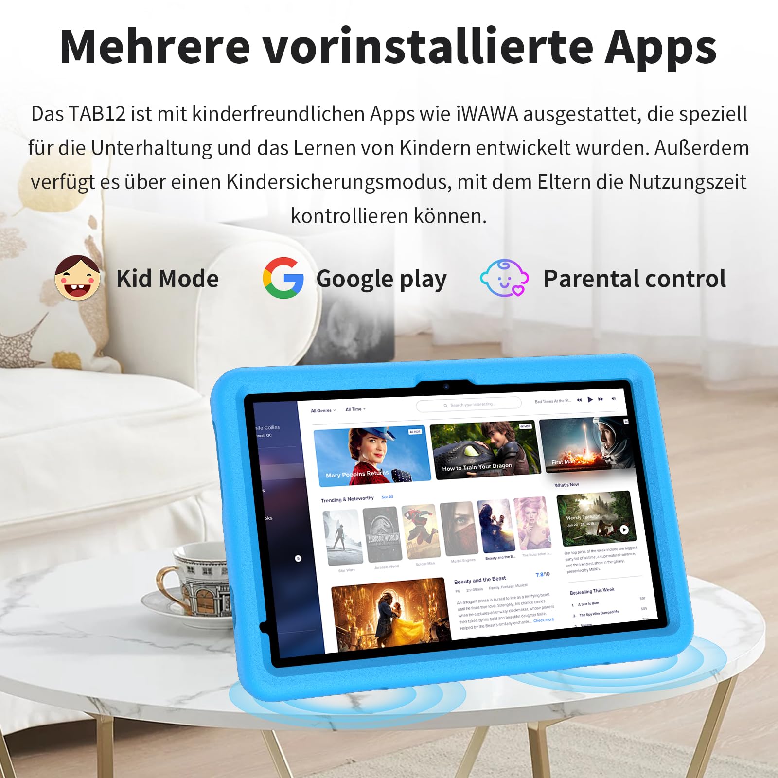 VASOUN Tablet voor kinderen, 10 inch, Android 14 Kids tablet met behuizing, 4G LTE 5G WiFi, 128 GB ROM, dubbele camera, 8000 mAh, kinderbeveiliging, kindersoftware vooraf geïnstalleerd, blauw