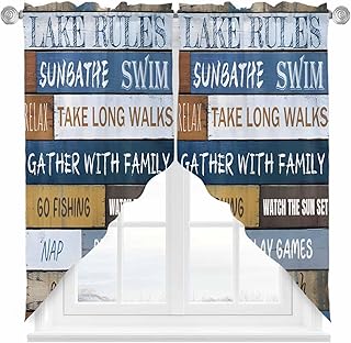 Lake Farmhouse Swag Valances for Windows 2 Pack, Kitchen Window Curtains 36 Inch Length, Vintage Wood Grain Country Pastoral Privacy Swag Curtains for Living Room/Bathroom 36"x36"