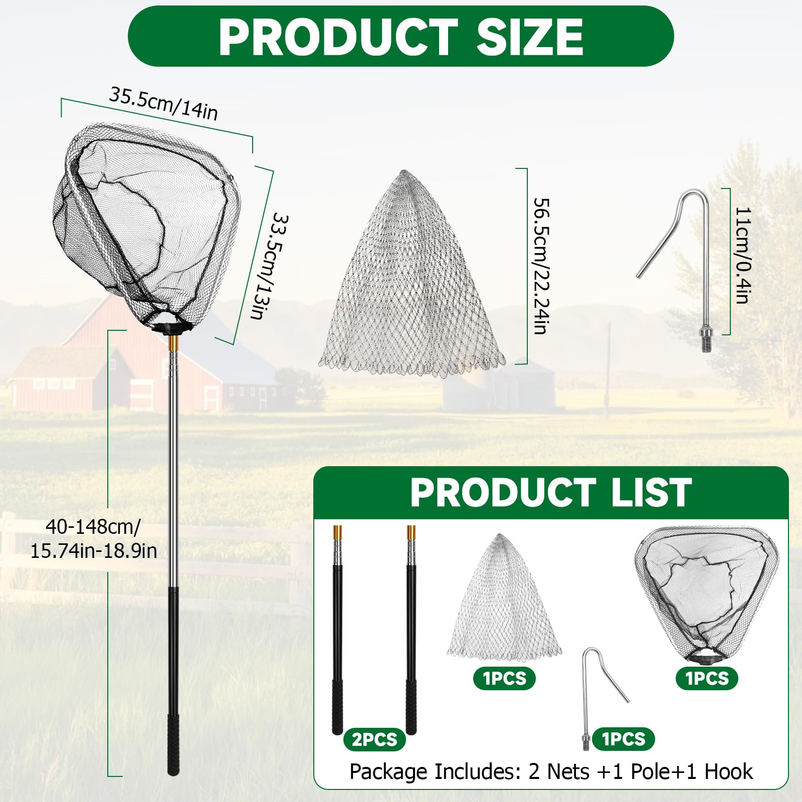 Kit de filet de pêche évolutif pour volaille, crochets et filet de pêche rétractables pour volailles(145cm de longueur extensible), pour Dinde, Oie, Canard, Oiseaux, Petits Animaux et Poissons