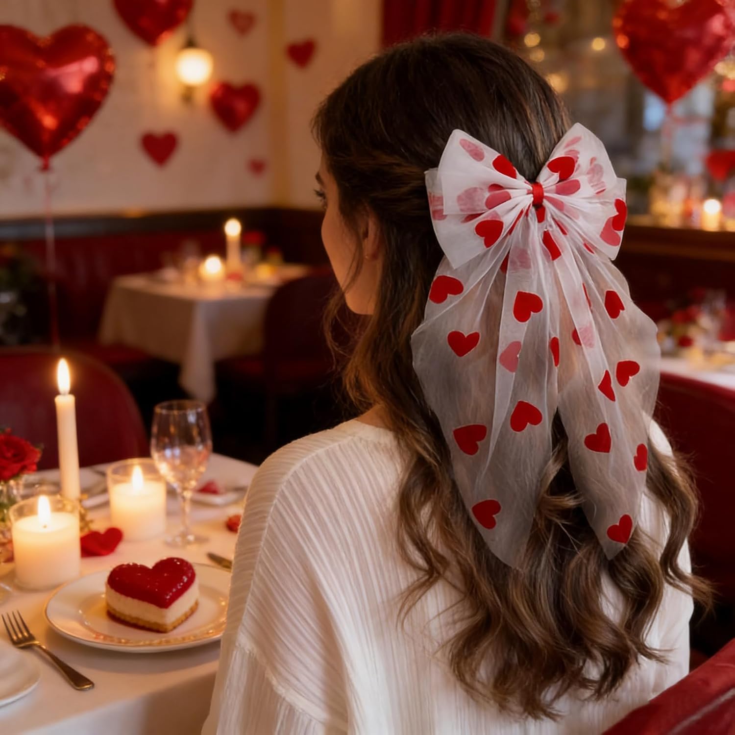 Valentine Hair Bows Clips Heart Hair Bows Transparent Mesh Ribbon Barrettes with Red Hearts Design Long Ponytail Bowknot Valentines Hair Accessories for Women Party Festive Outfits Decoration - Image 2