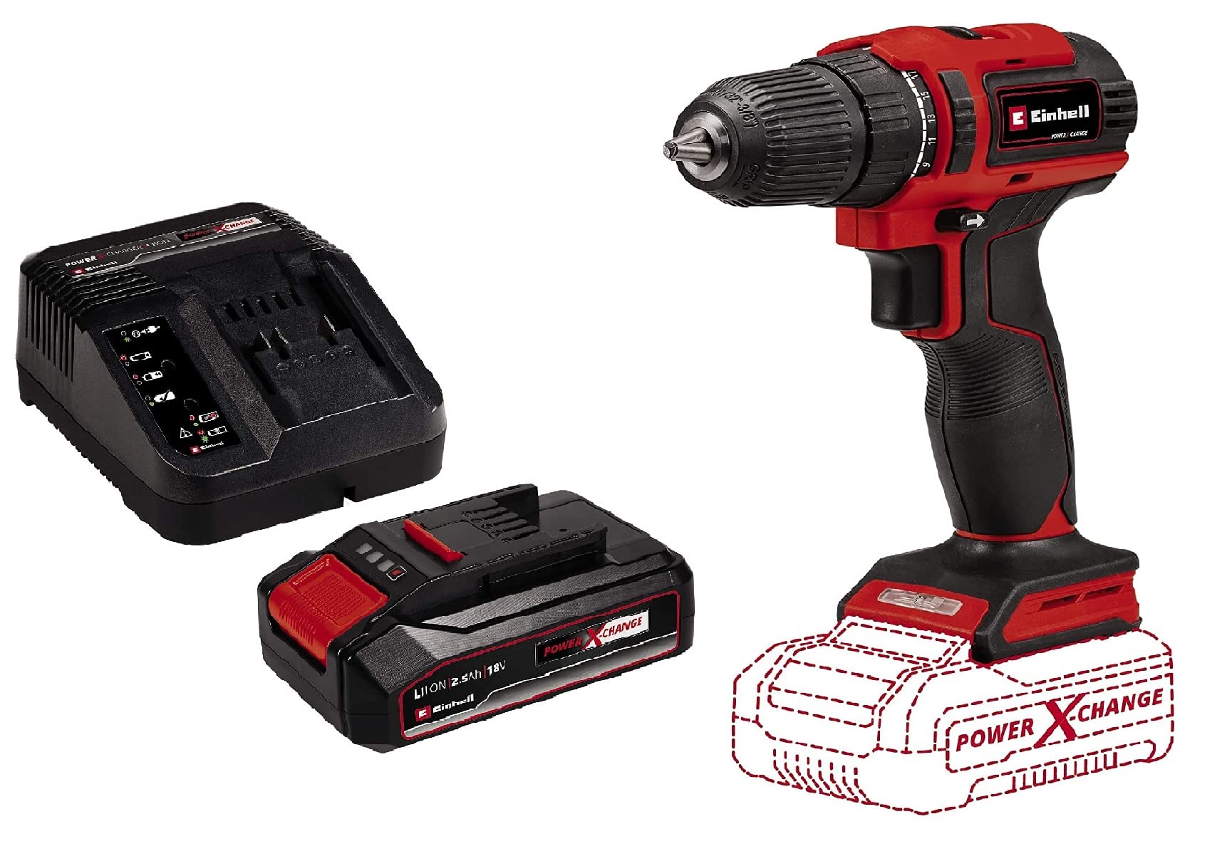 Einhell Taladro atornillador a batería - TE-CD 18/40 Li BL Power X-Change, Iones de Li tio, 18 V, 40 Nm, motor sin escobillas, electrónica de velocidad, 1 batería de 2.5Ah y cargador individual