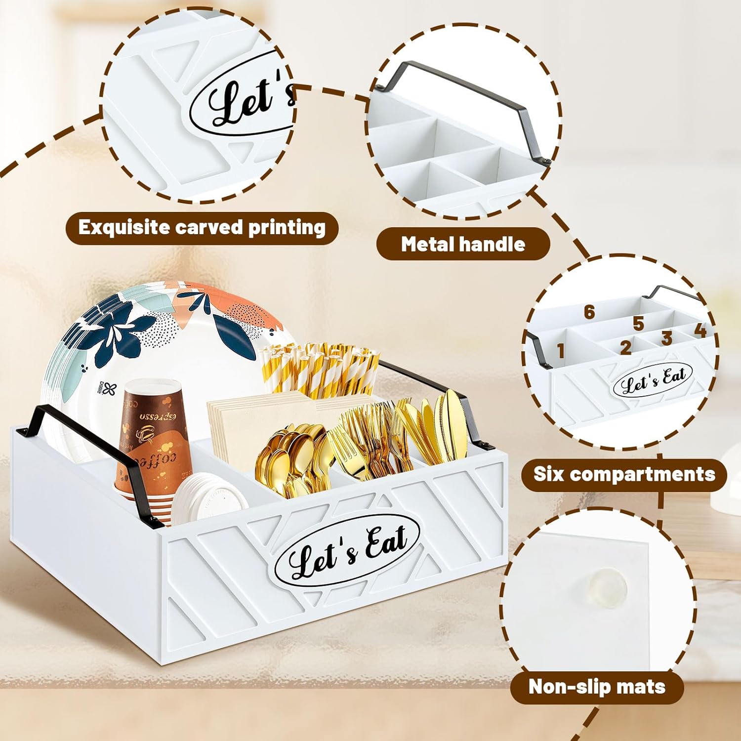 Paper Plate Dispenser, Wood Paper Plate Holder with Handle for Kitchen Counter, Silverware Caddy for Cups, Spoons, Forks, Plates, Napkins, Utensil Holder for Party Camping Buffet (White)