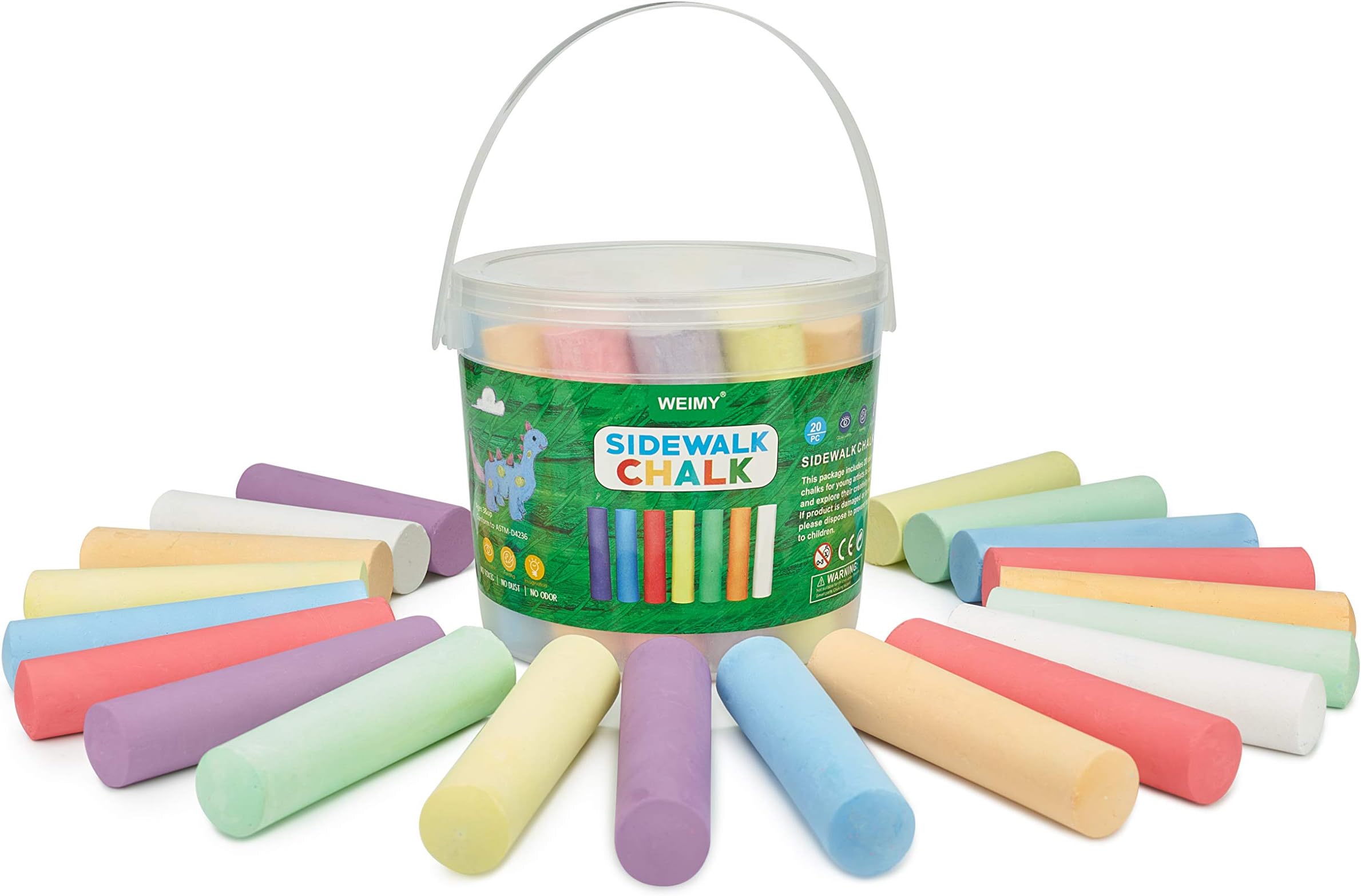 Sidewalk Chalk Bucket, 20 Count 7 Colors Outdoor Street Chalk For Kids Drawing Graffiti, Washable Non toxic Paint on Chalkboard Blackboard and Playground(20Pieces)